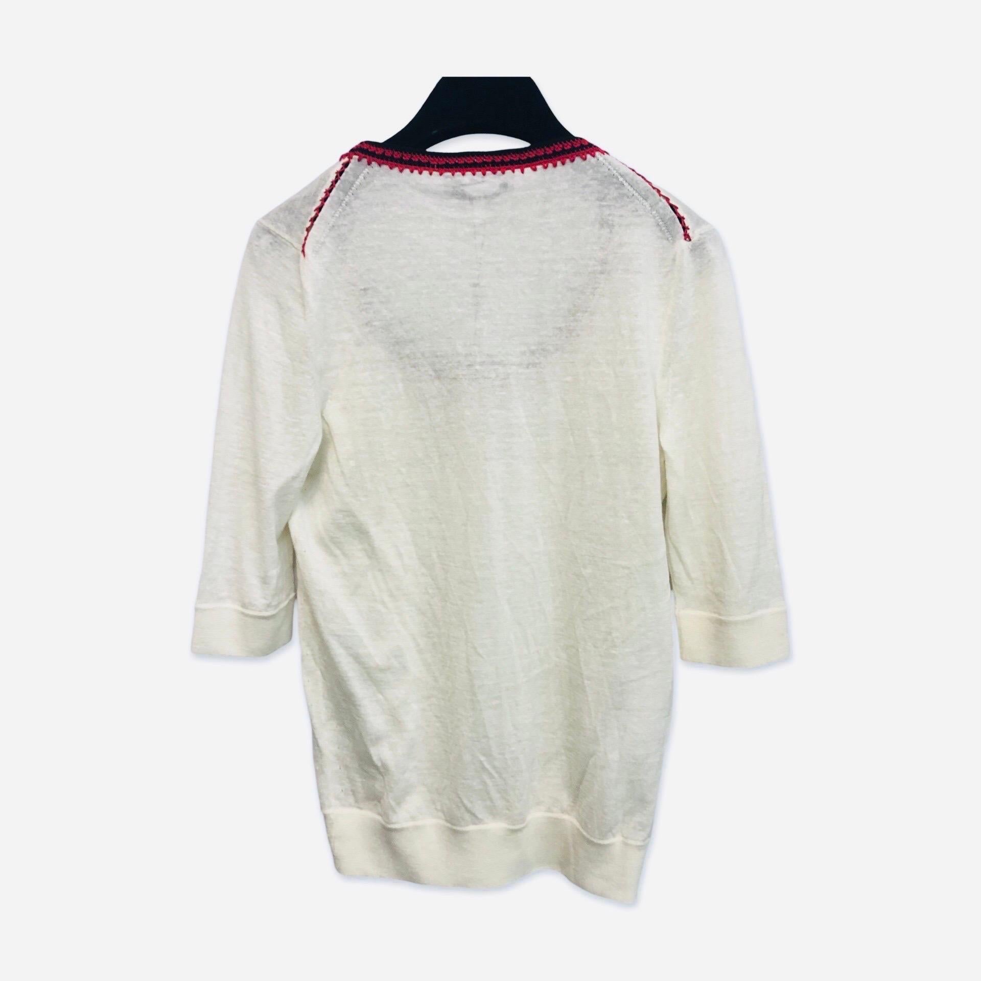 White YSL white wool and linen embroidered drop round neck top For Sale