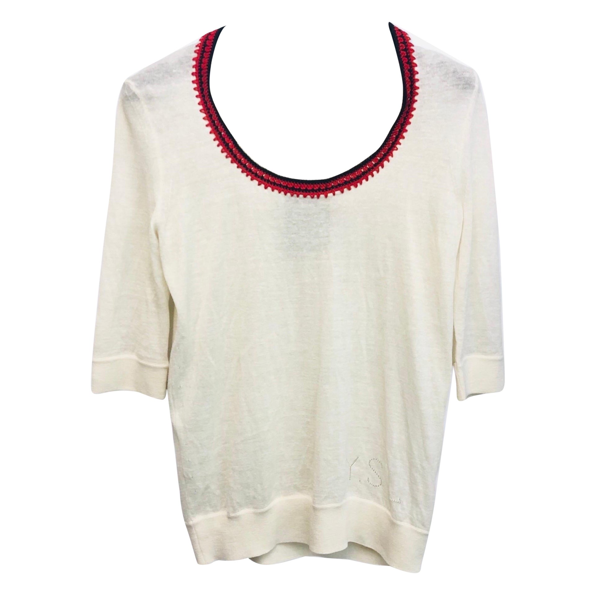 Top blanco YSL de lana y lino bordado con cuello redondo caído en venta