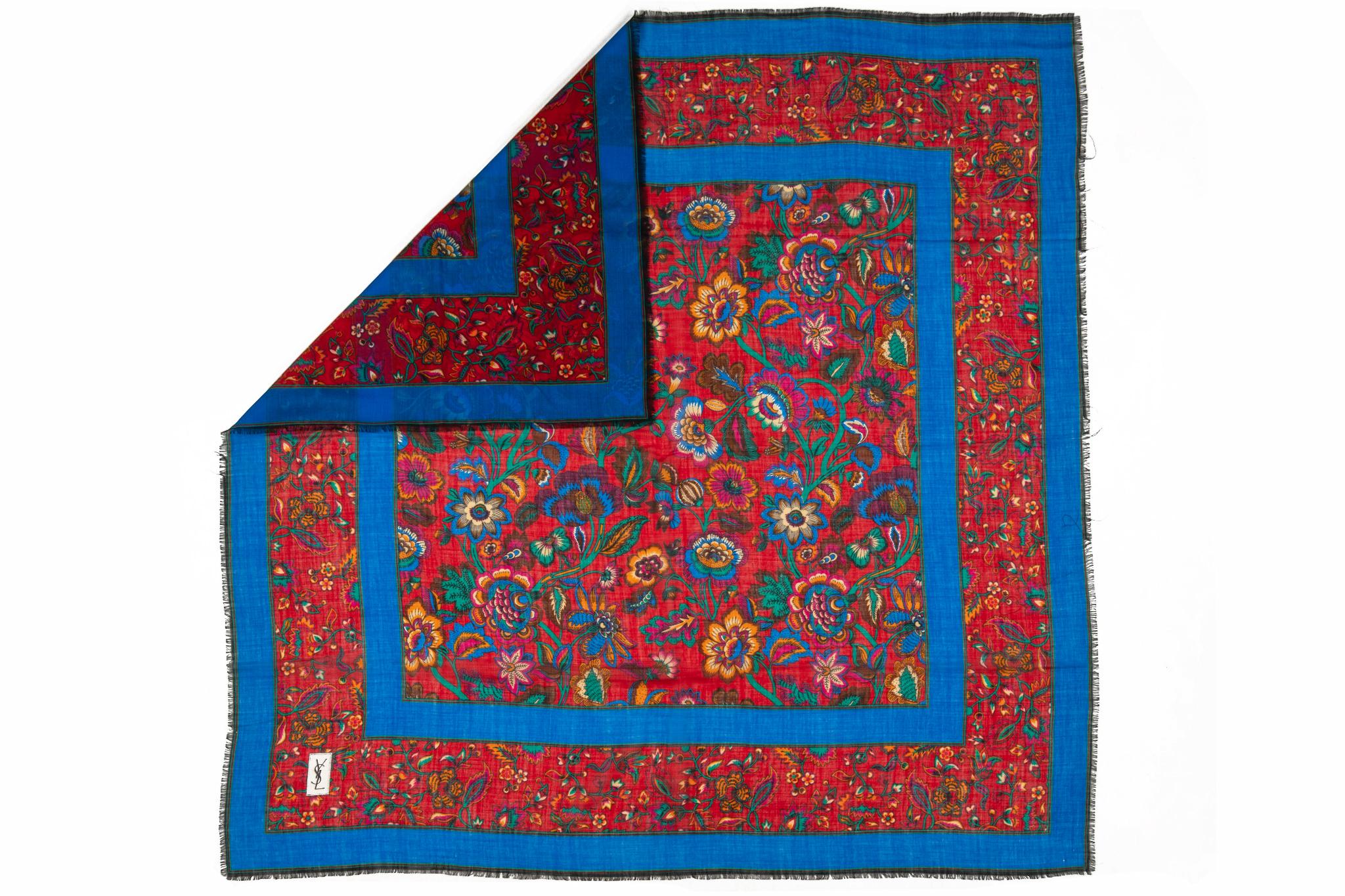 YSL vintage large shawl in wool and silk combination. Red and blue flower pattern. No label.