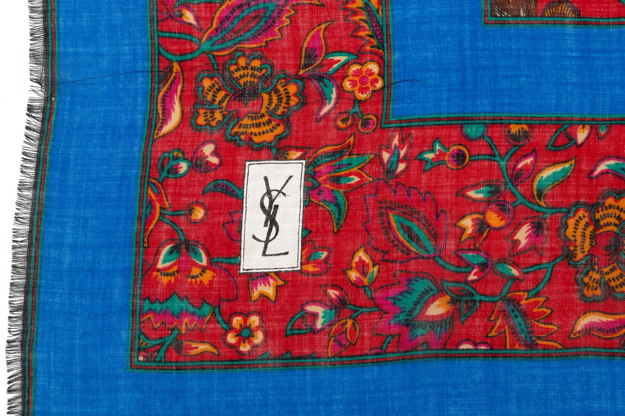 YSL Wool Flowers Red Blue Shawl In Excellent Condition For Sale In West Hollywood, CA