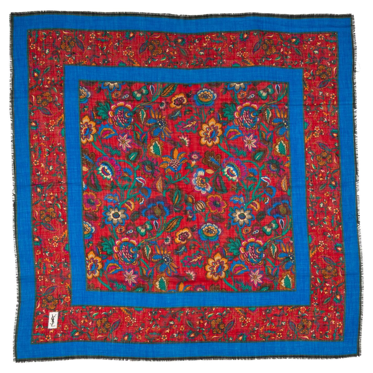 YSL Wool Flowers Red Blue Shawl For Sale