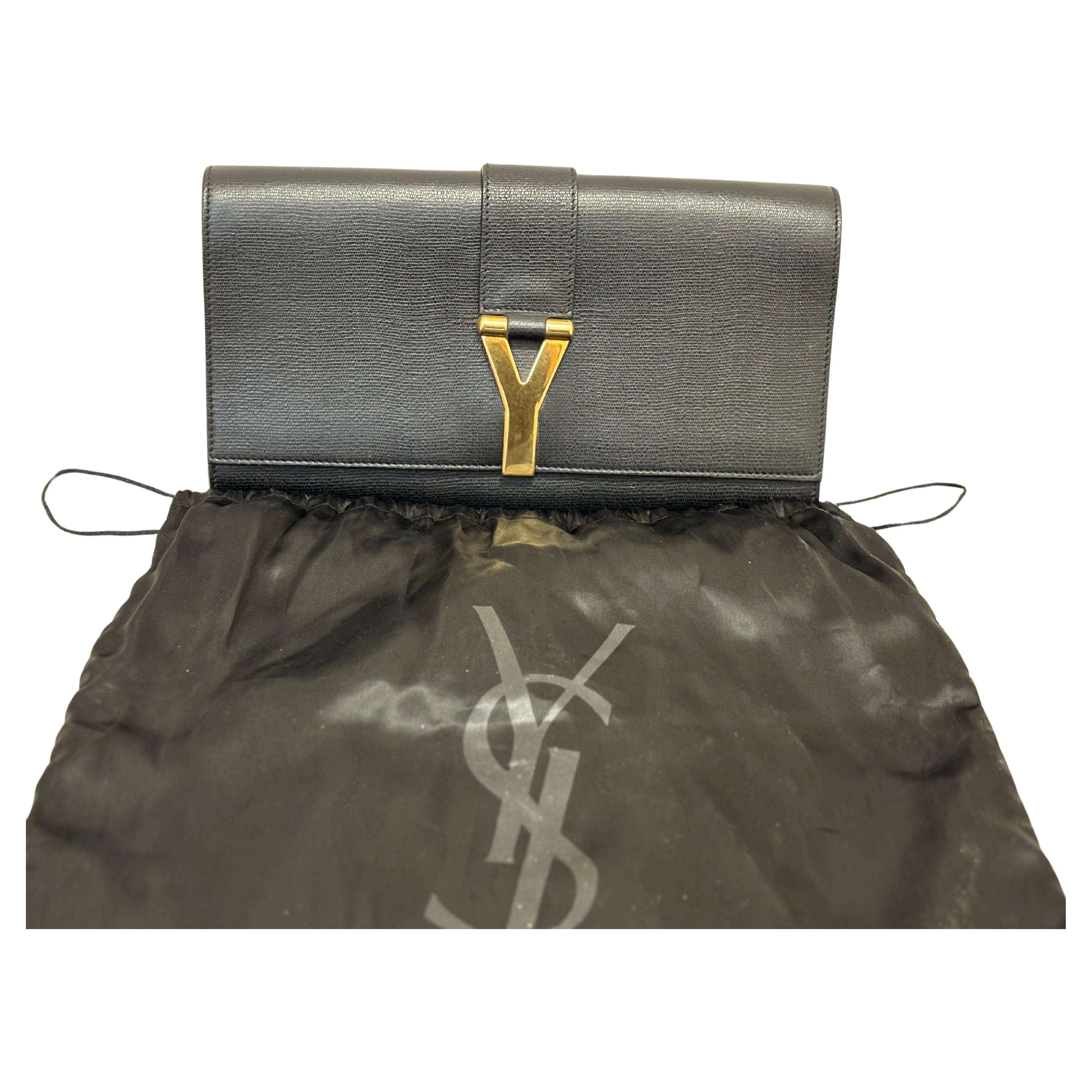 YSL Y Ligne Black Textured Leather Clutch w/Dust Bag For Sale