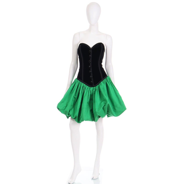 YSL Yves Saint Laurent 1988 Green Satin Bubble Dress w Black Velvet Bodice In Excellent Condition For Sale In Portland, OR