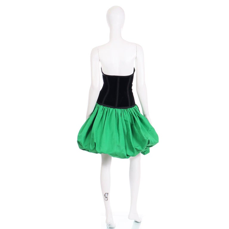 YSL Yves Saint Laurent 1988 Green Satin Bubble Dress w Black Velvet Bodice For Sale 1