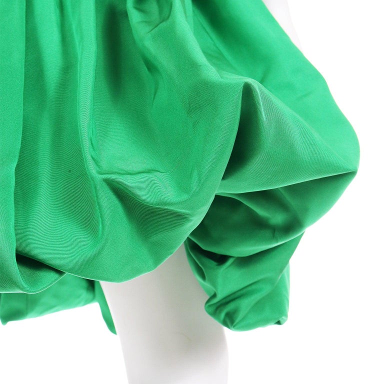 YSL Yves Saint Laurent 1988 Green Satin Bubble Dress w Black Velvet Bodice For Sale 5
