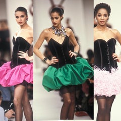 YSL Yves Saint Laurent 1988 Green Satin Bubble Dress w Black Velvet Bodice