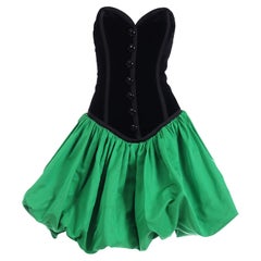 YSL Yves Saint Laurent 1988 Green Satin Bubble Dress w Black Velvet Bodice