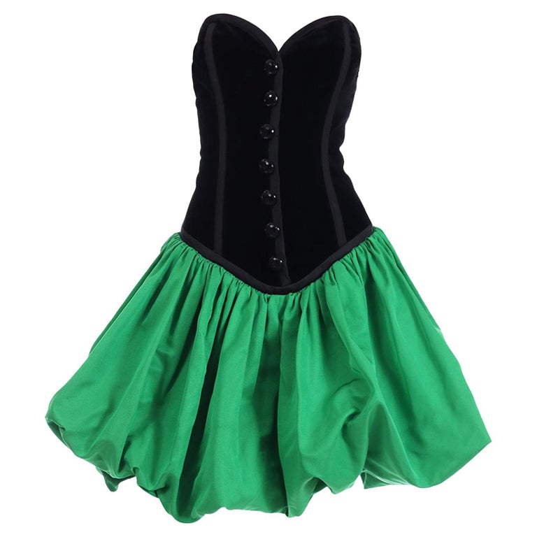 YSL Yves Saint Laurent 1988 Green Satin Bubble Dress w Black Velvet Bodice For Sale