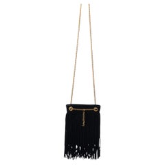 YSL Yves Saint Laurent Black Suede Fringe Logo Chain Purse