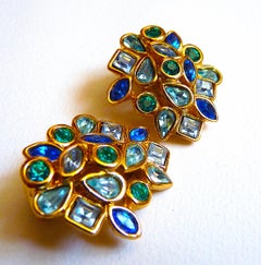 YSL Yves Saint Laurent Blue Glass Crystal Clip On Earrings from 1980s