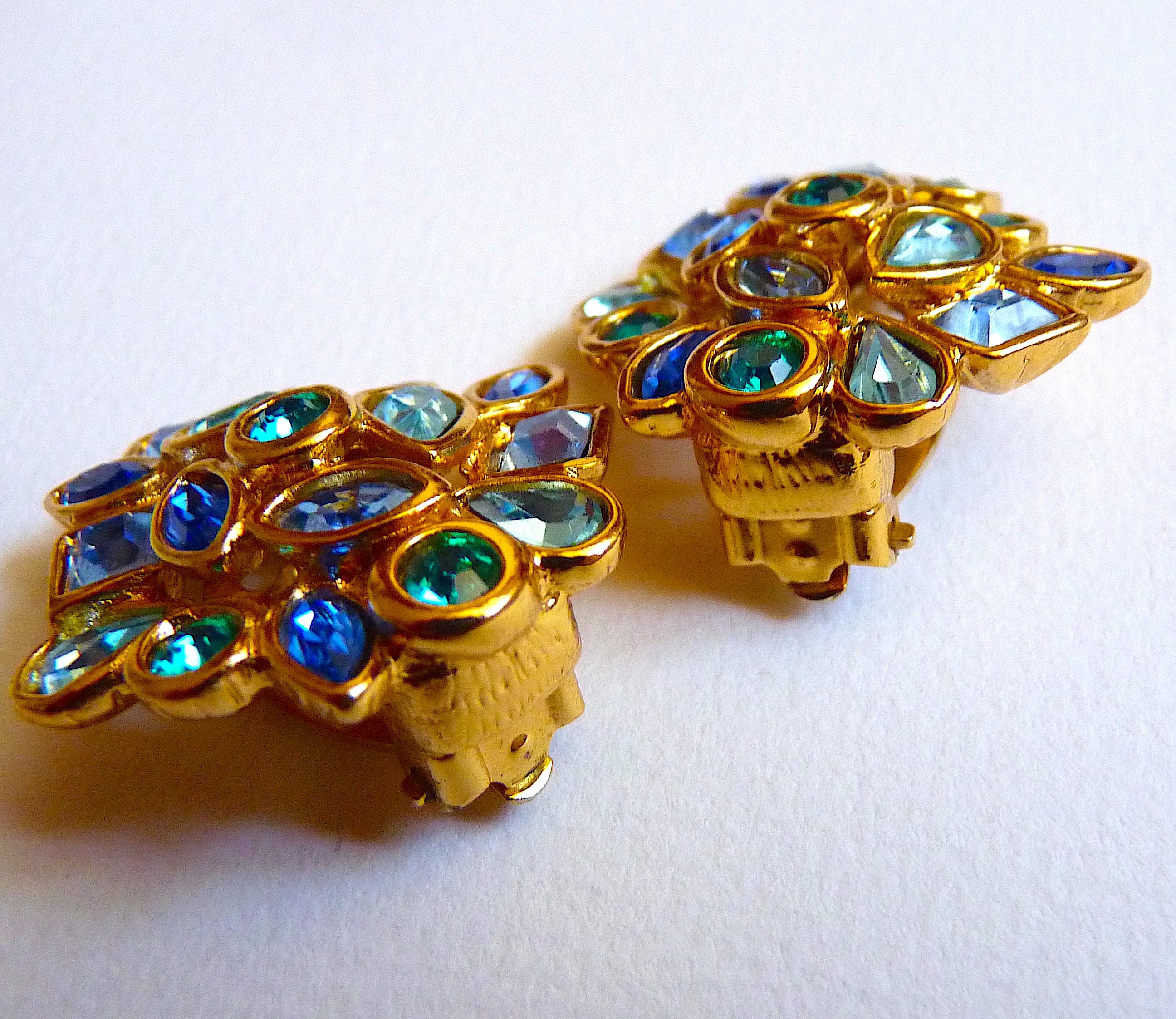 YSL Yves Saint Laurent Blue Glass Crystal Clip On Earrings from 1980s For Sale 2