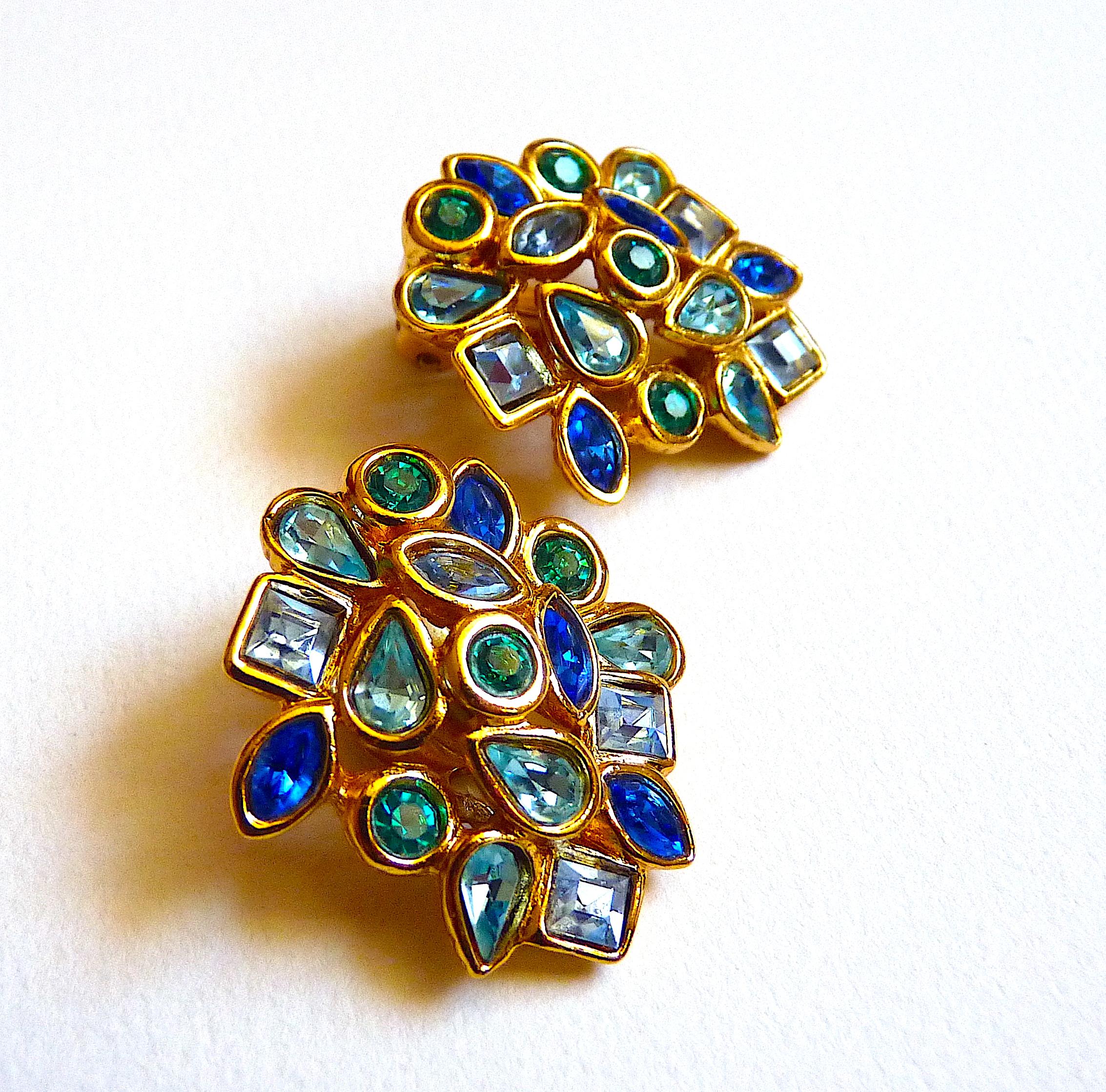YSL Yves Saint Laurent Blue Glass Crystal Clip On Earrings from 1980s For Sale 3