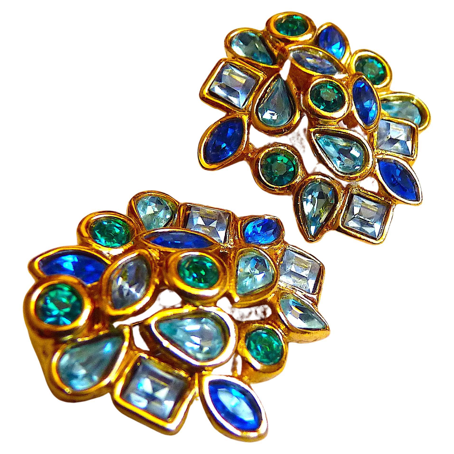 YSL Yves Saint Laurent Blue Glass Crystal Clip On Earrings from 1980s