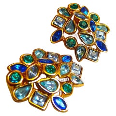YSL Yves Saint Laurent Blue Glass Crystal Clip On Earrings from 1980s
