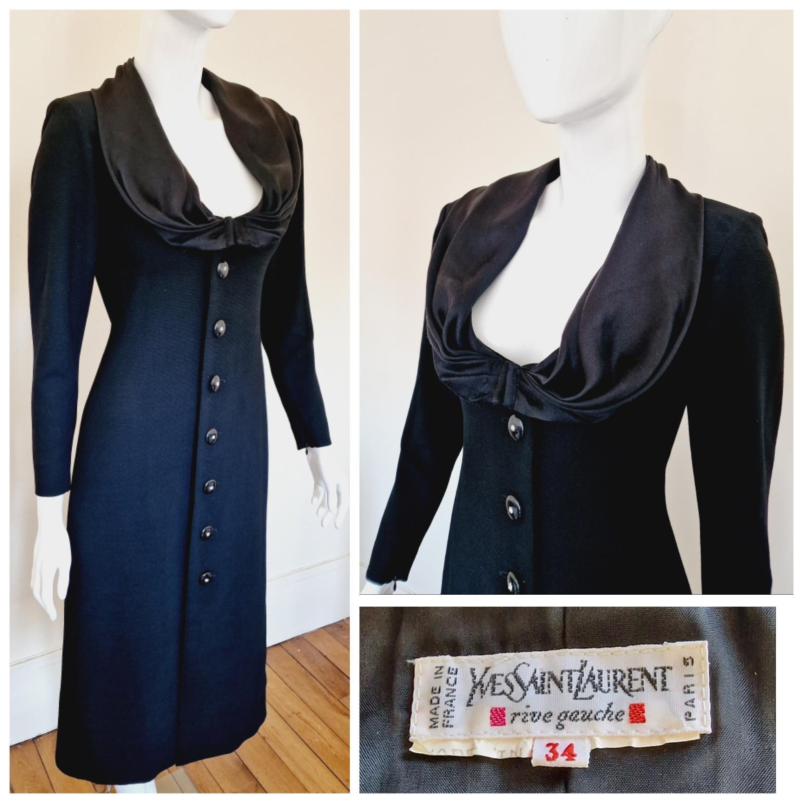 Evening dress / coat by Yves Saint Laurent!
Wonderful silhouette!
With shoulder pads!
Black & diamond look bottons!
Zipper at the sleeves.
You can wear it as a dress or on a light dress as a coat. 

SIZE 
Fits from XS to small.
Marked size:
