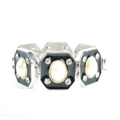 YSL Yves Saint Laurent Faux Mabe Pearl & Black Enamel Link Bracelet, 1980s