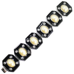 YSL Yves Saint Laurent Faux Mabe Pearl & Black Enamel Link Bracelet, 1980s