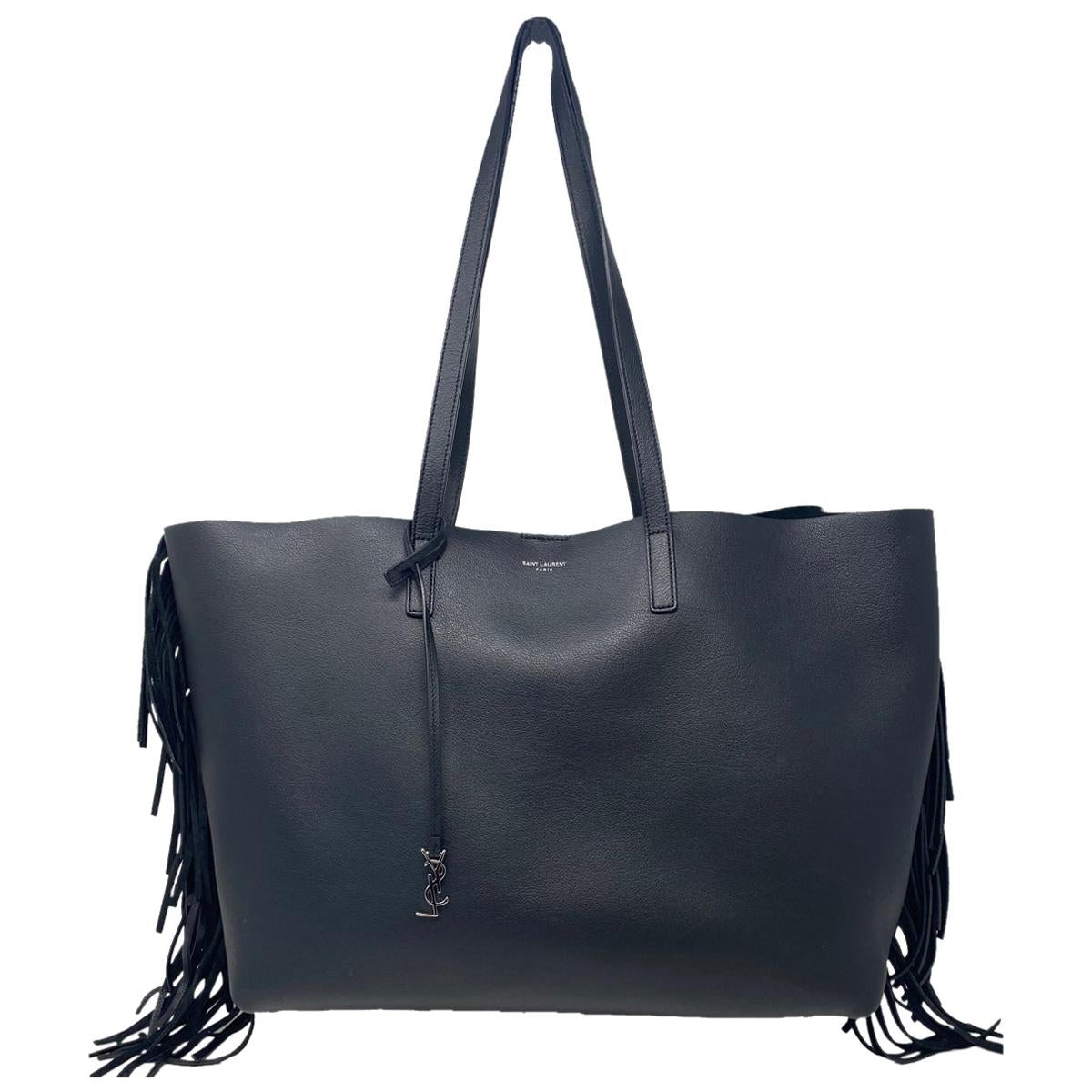 YSL Yves Saint Laurent Fringe Black Leather Tote Handbag For Sale