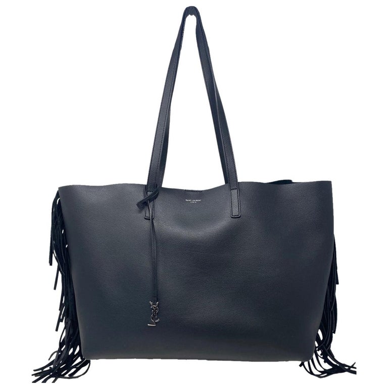 YSL Yves Saint Laurent Fringe Black Leather Tote Handbag For Sale at