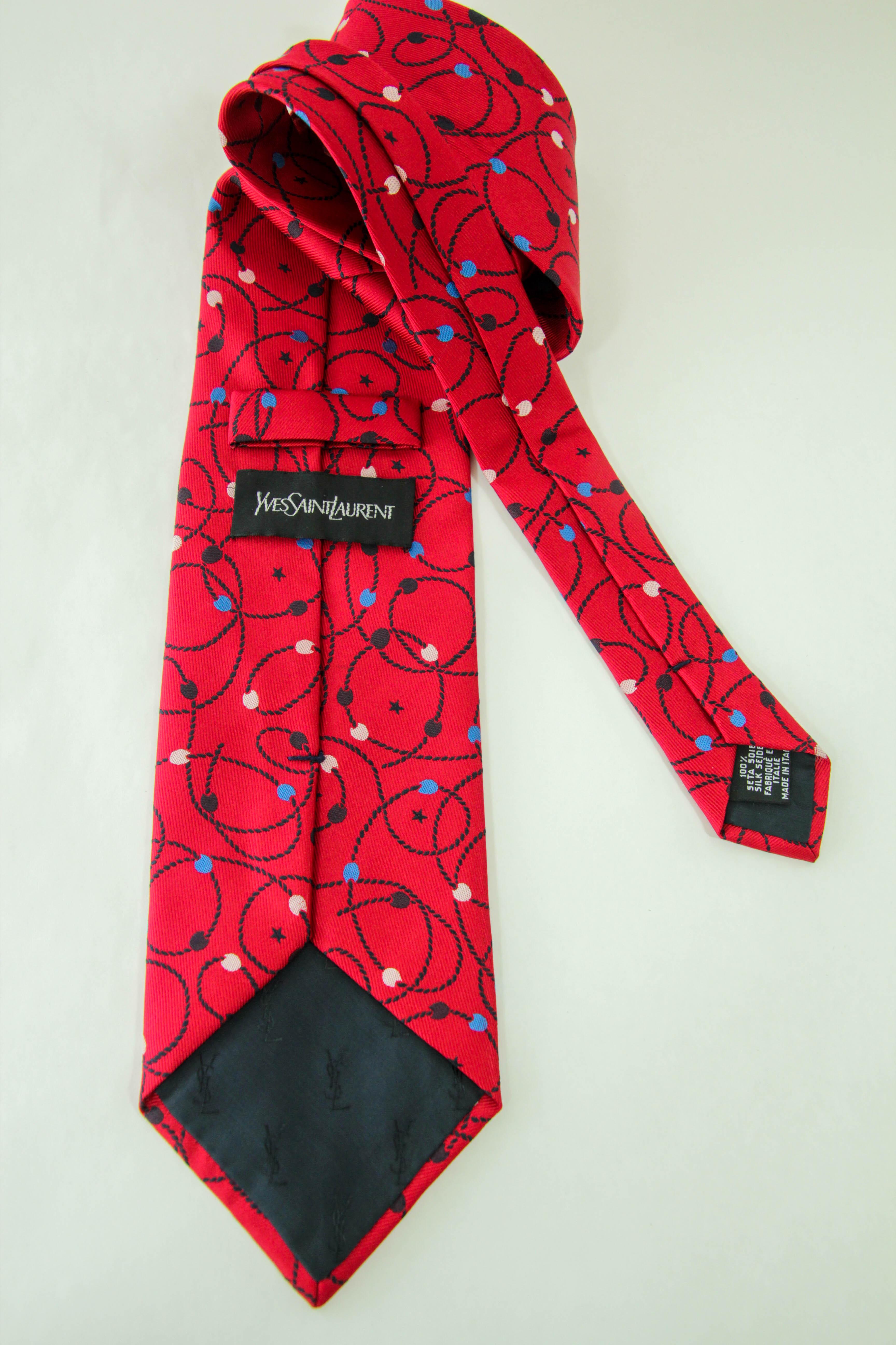 YSL Yves Saint Laurent Necktie Mens Moroccan Star Red Silk Abstract Design For Sale 2