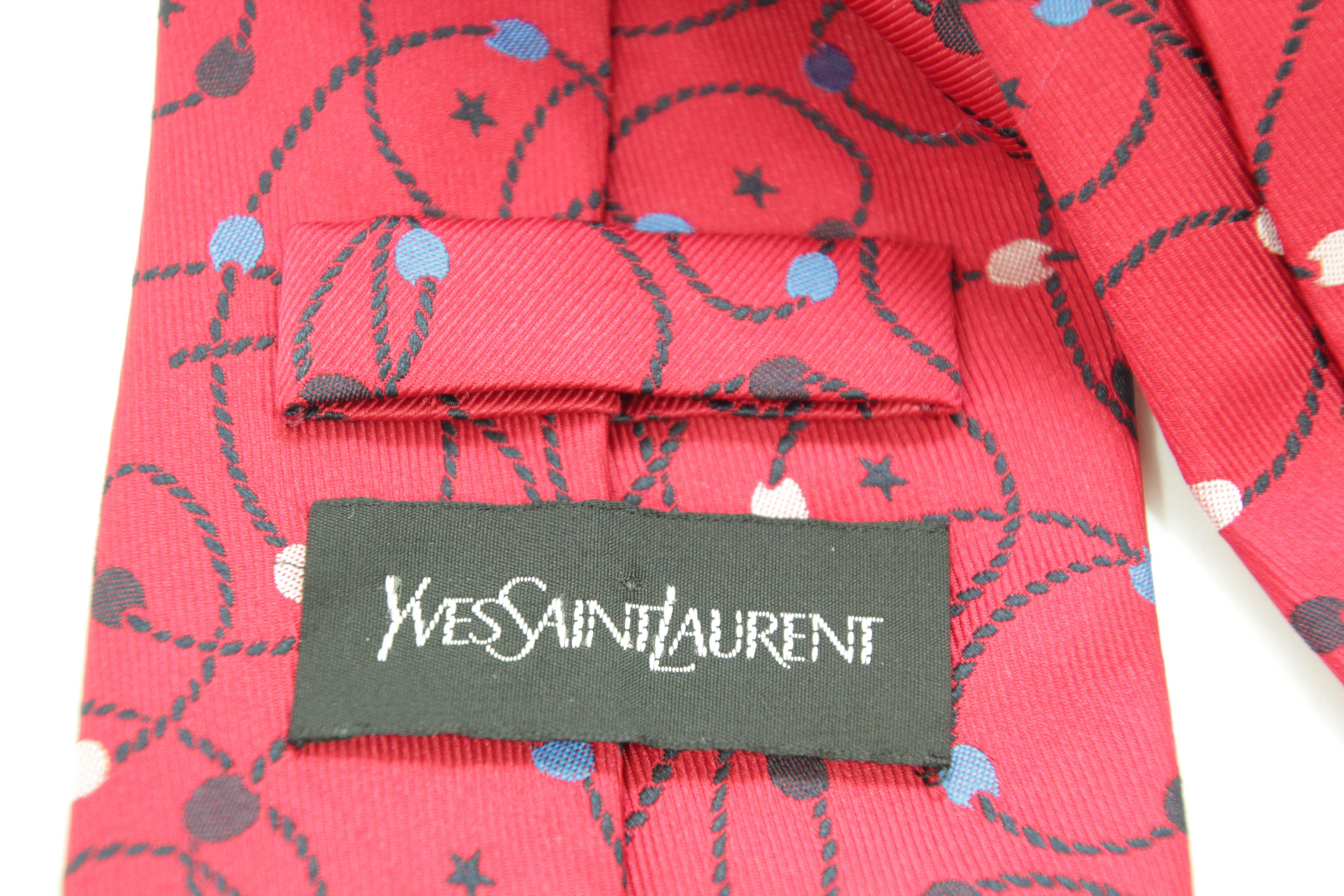 YSL Yves Saint Laurent Necktie Mens Moroccan Star Red Silk Abstract Design For Sale 3