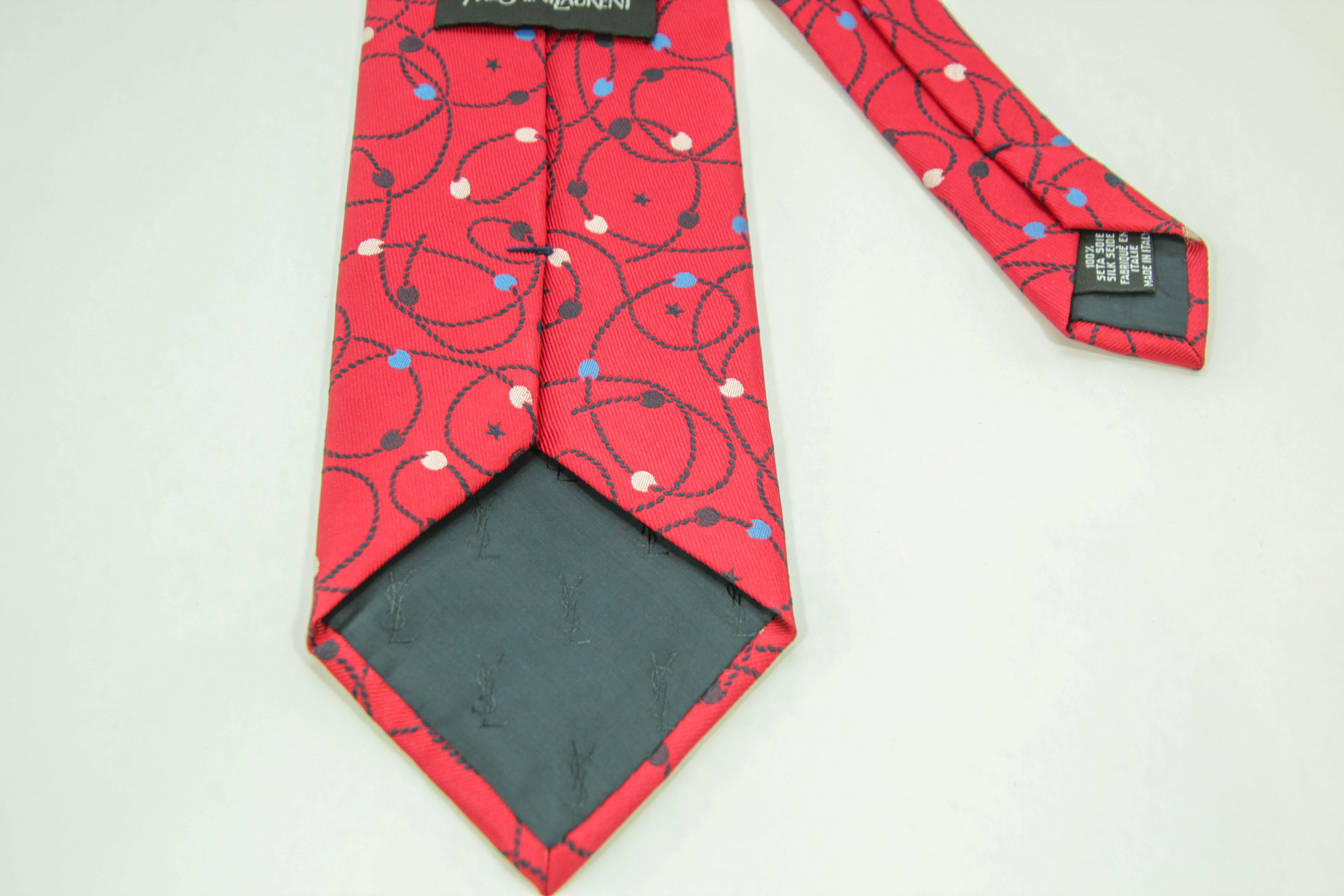 YSL Yves Saint Laurent Necktie Mens Moroccan Star Red Silk Abstract Design For Sale 4