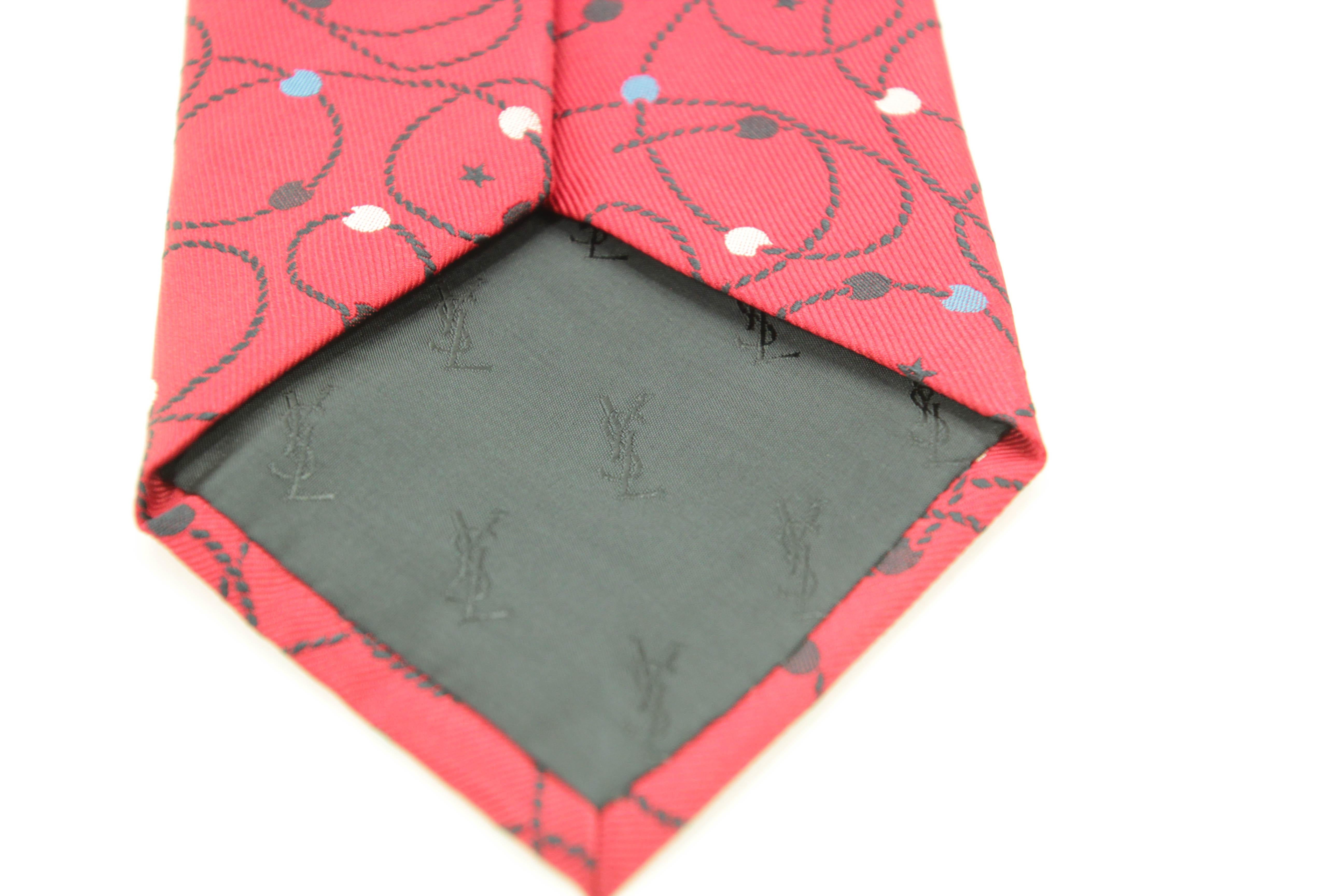 YSL Yves Saint Laurent Necktie Mens Moroccan Star Red Silk Abstract Design For Sale 5