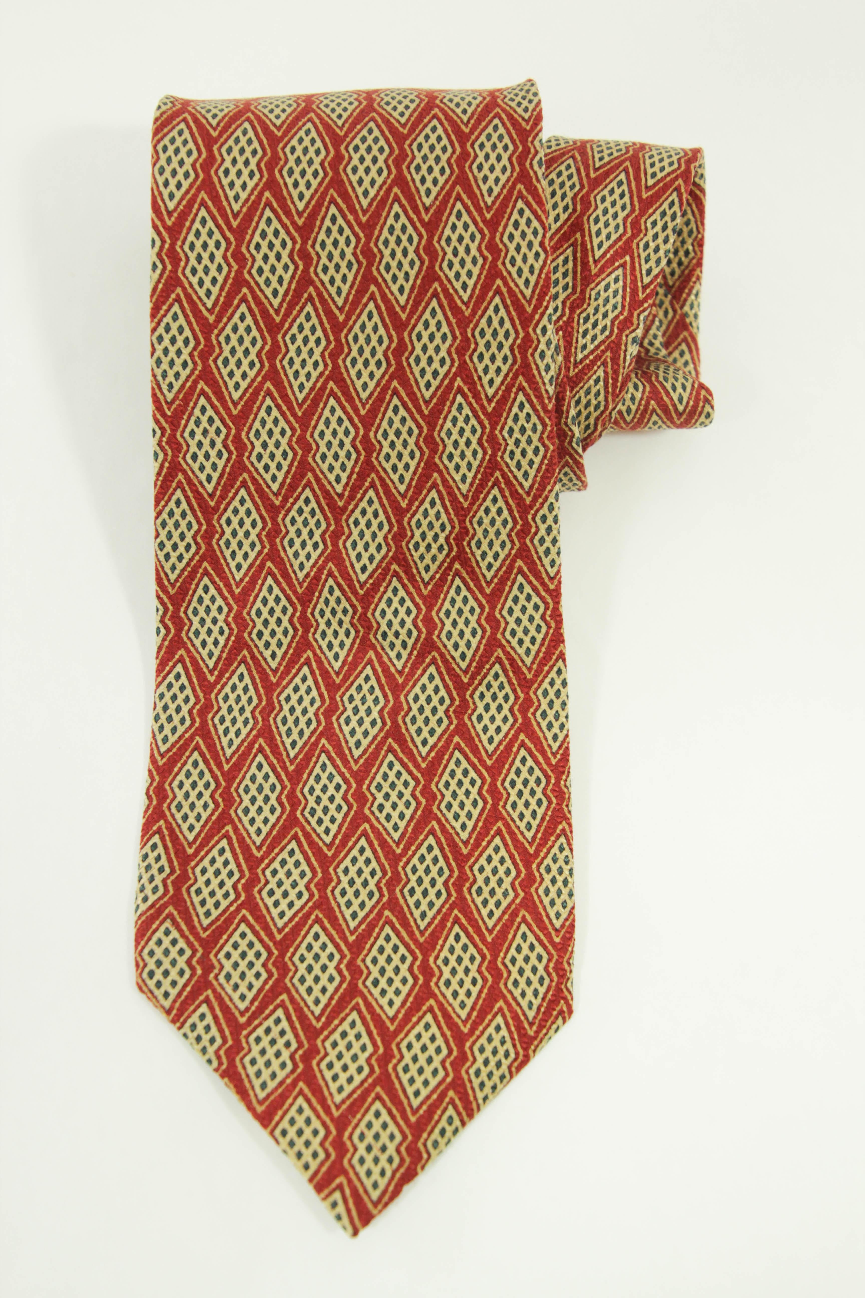 YSL Yves Saint Laurent Necktie Mens Red and Gold Silk Abstract Design For Sale 5