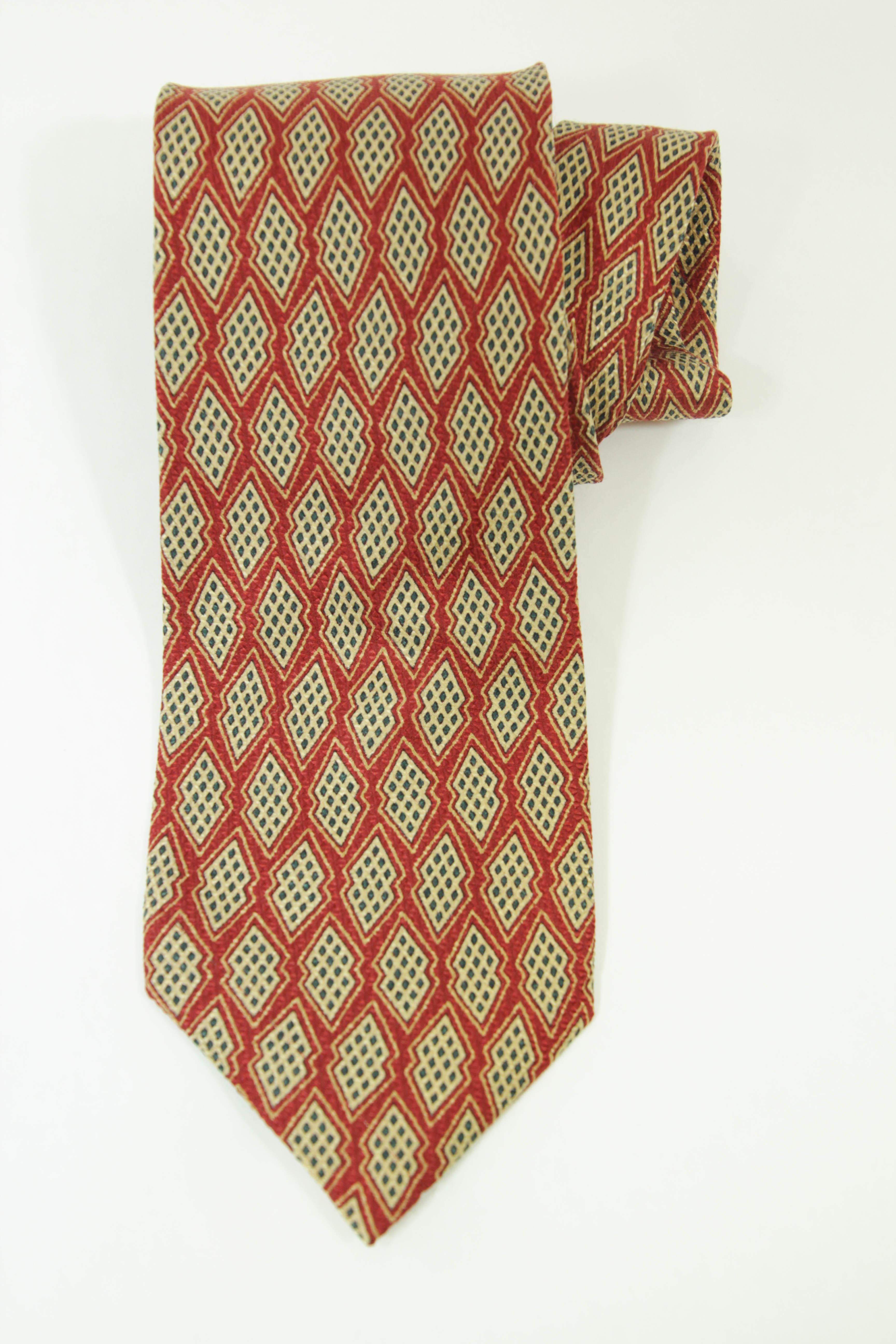 YSL Yves Saint Laurent Necktie Mens Red and Gold Silk Abstract Design For Sale 6