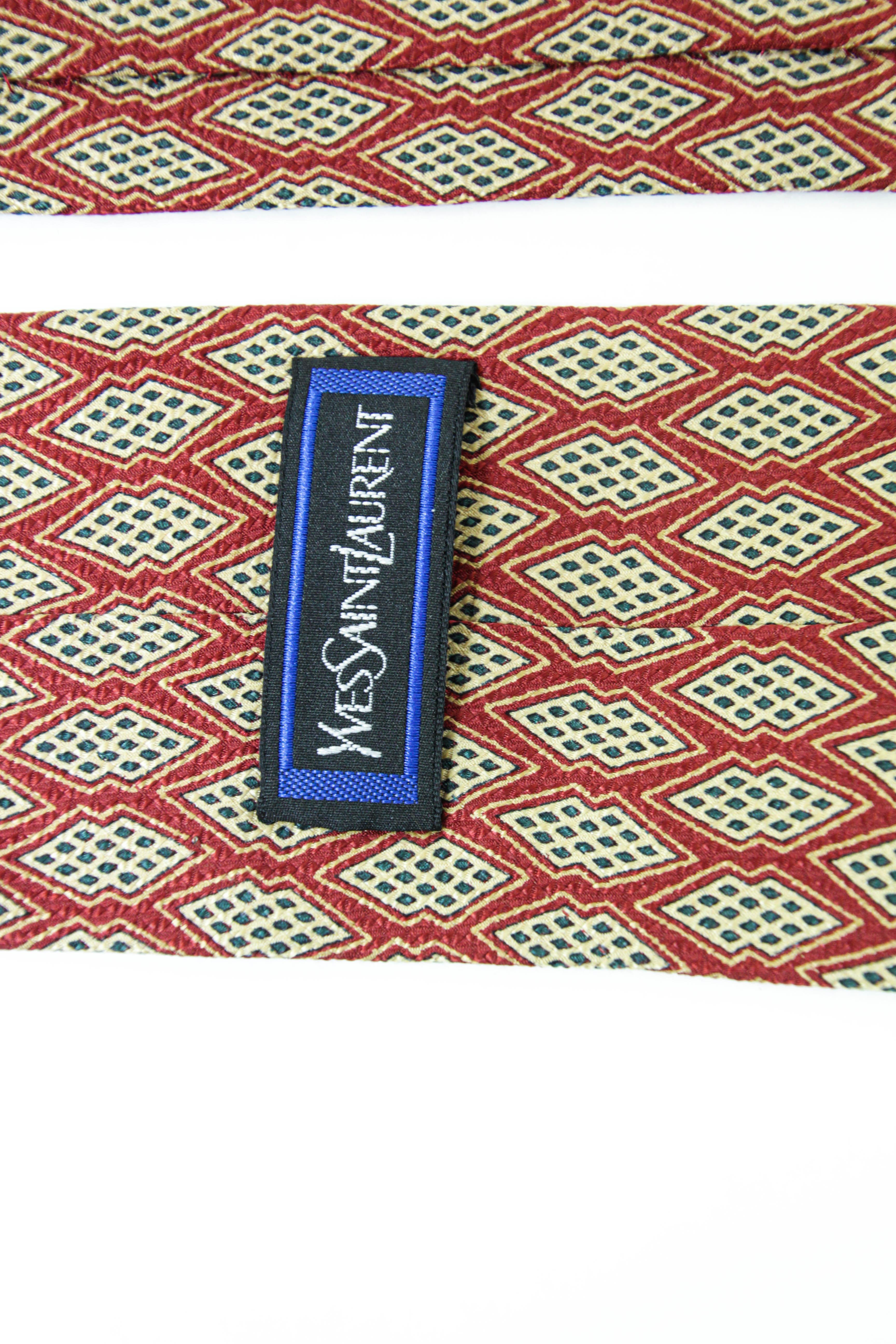 YSL Yves Saint Laurent Necktie Mens Red and Gold Silk Abstract Design In Good Condition For Sale In North Hollywood, CA