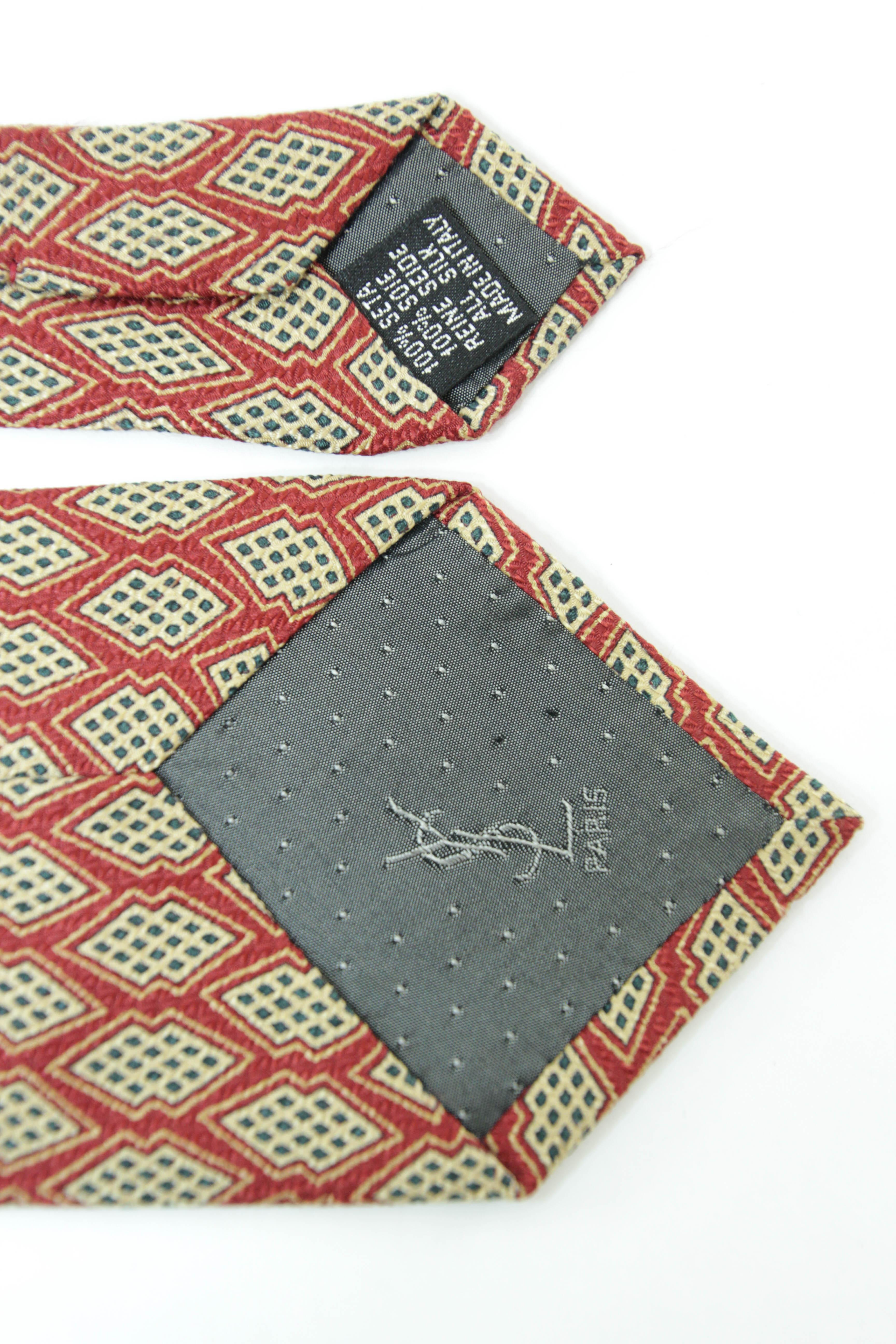 Men's YSL Yves Saint Laurent Necktie Mens Red and Gold Silk Abstract Design For Sale