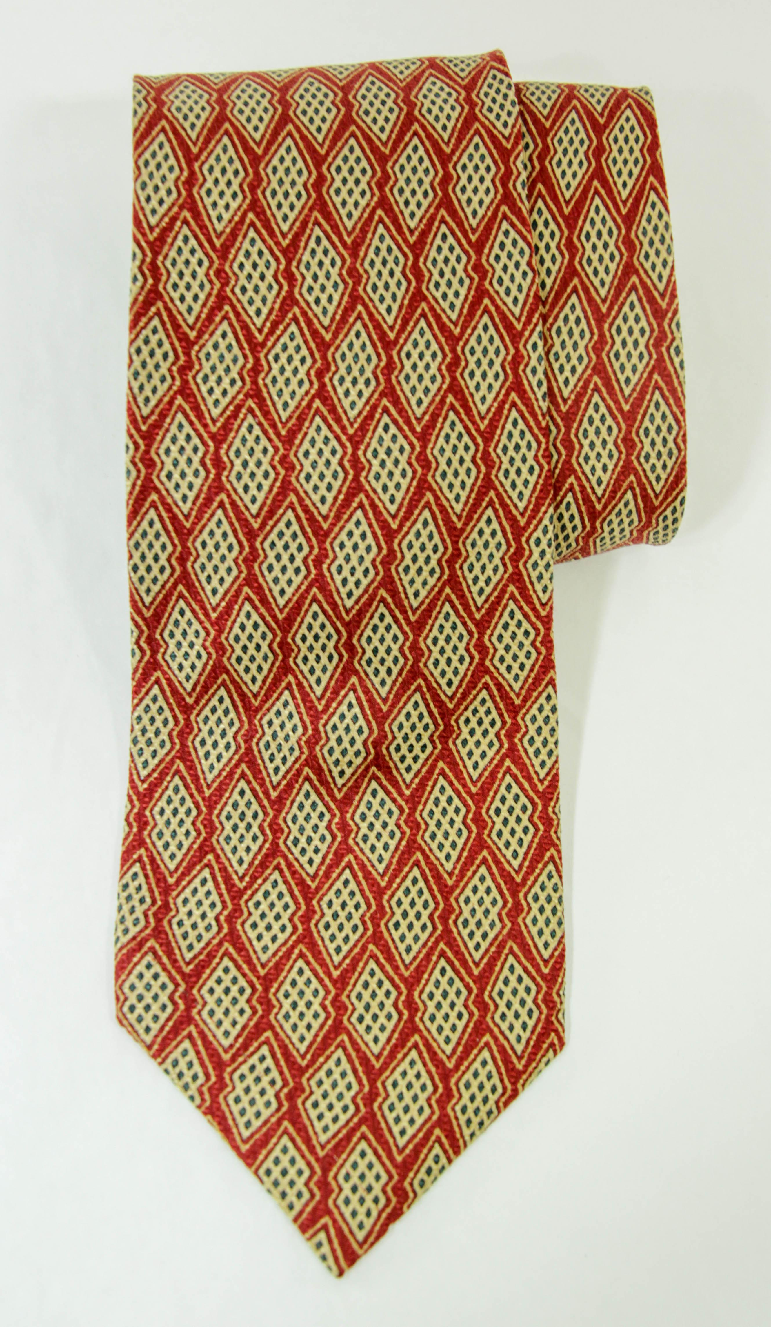 YSL Yves Saint Laurent Necktie Mens Red and Gold Silk Abstract Design For Sale 2