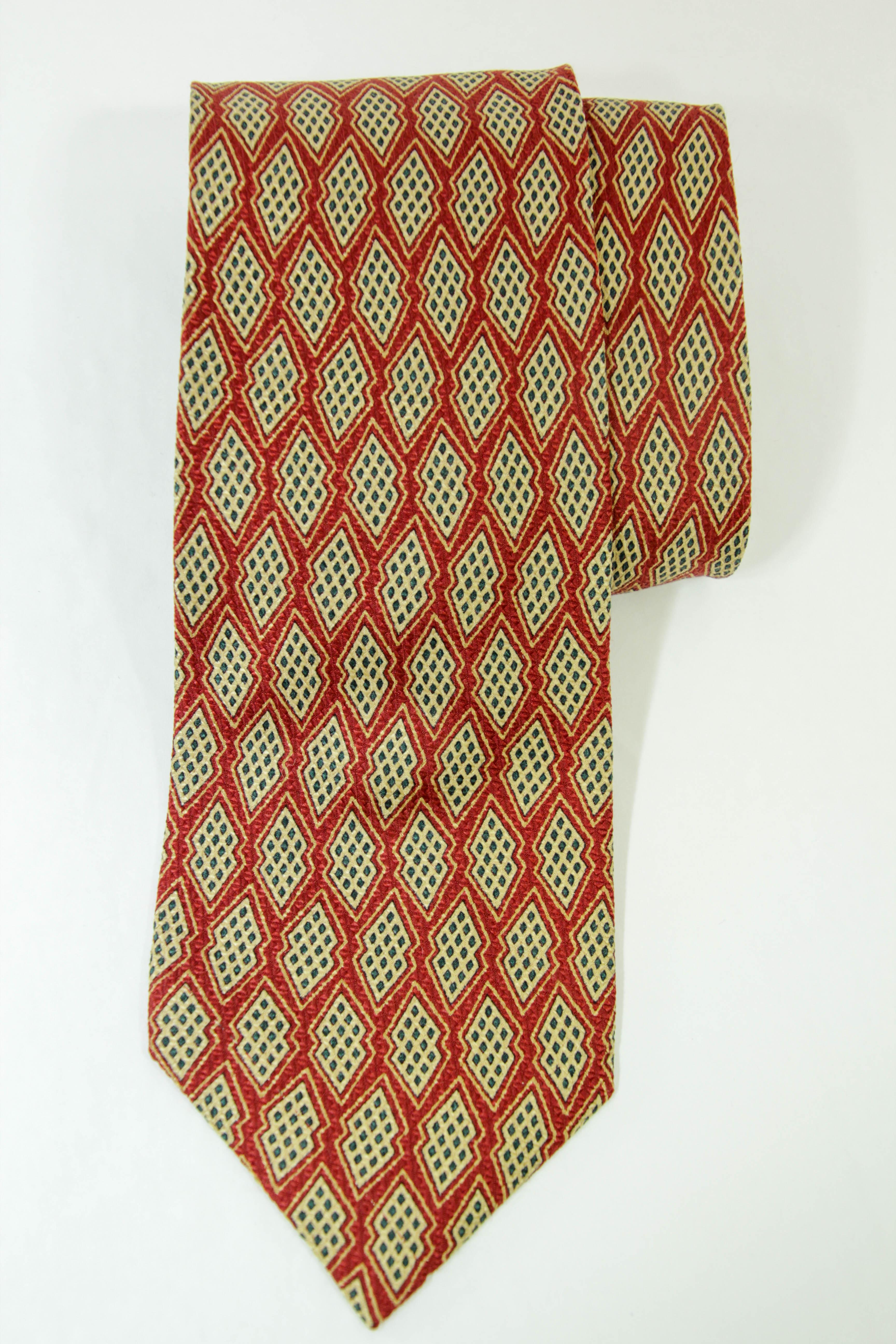 YSL Yves Saint Laurent Necktie Mens Red and Gold Silk Abstract Design For Sale 3