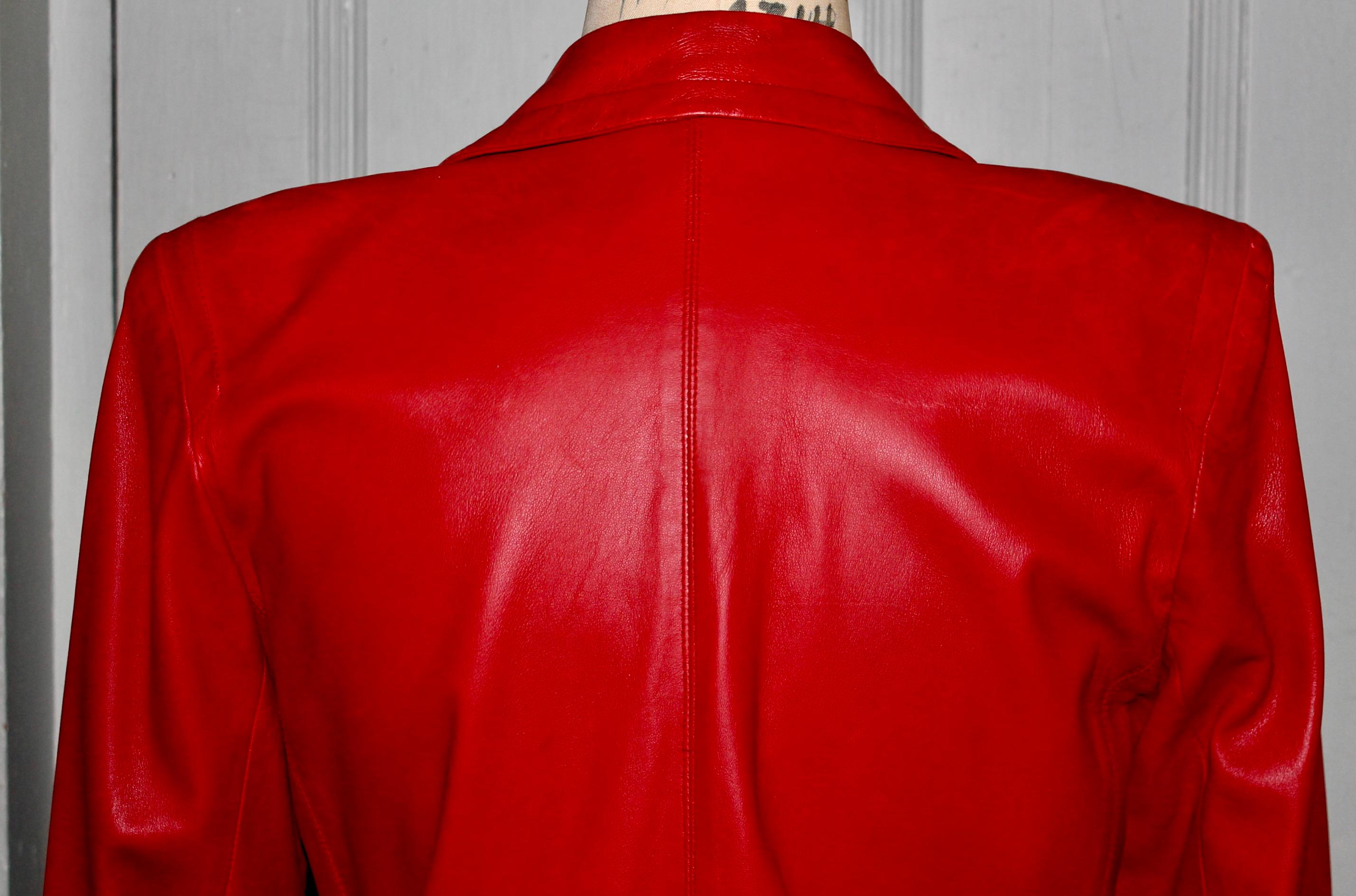 YSL Yves Saint Laurent Red Leather Suit In Excellent Condition For Sale In Sharon, CT