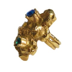 YSL YVES SAINT LAURENT Bague en métal doré et pierres fantaisie multicolores