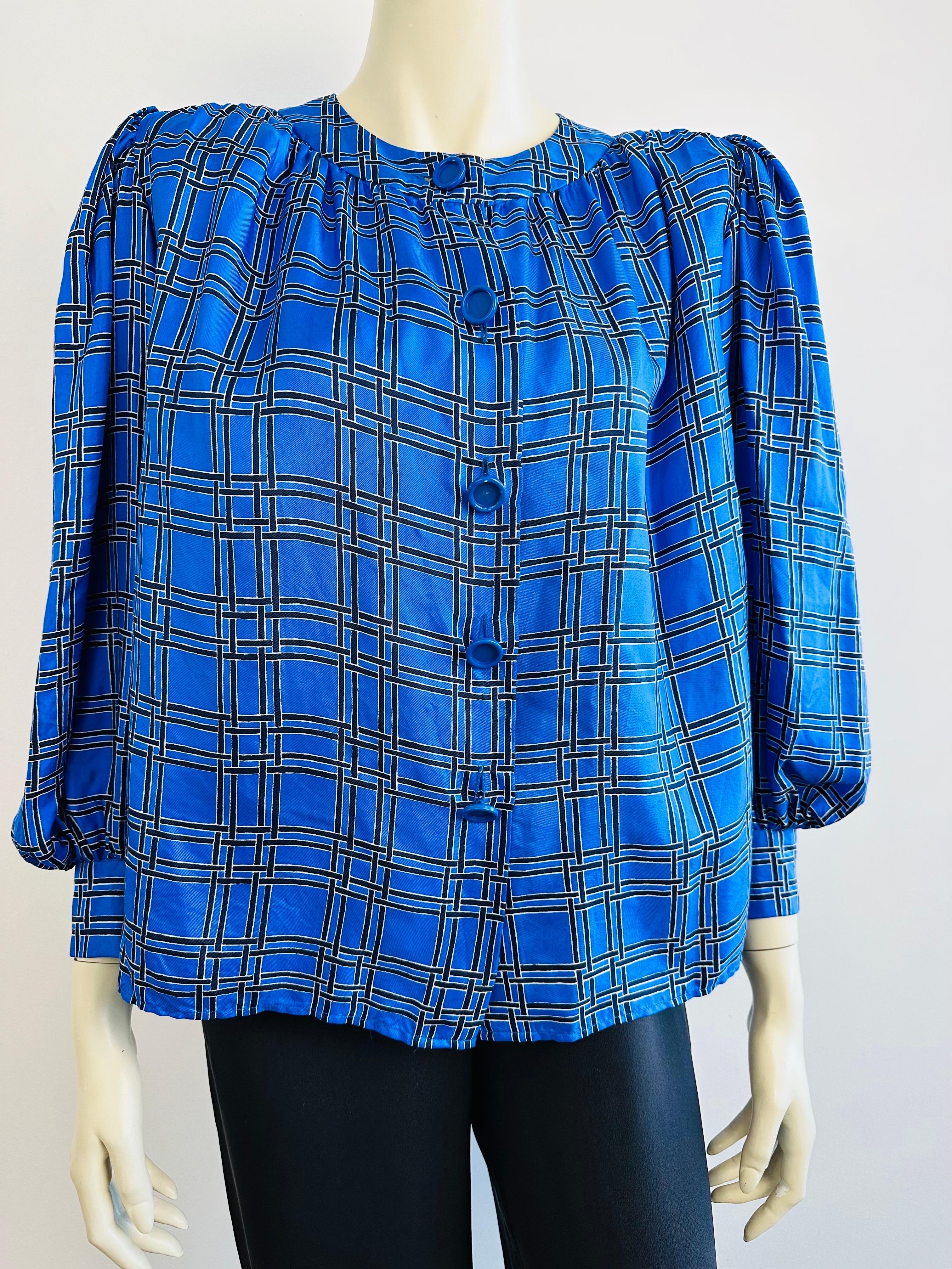 Blue YSL Yves saint Laurent royal blue silk blouse from the 1970s For Sale