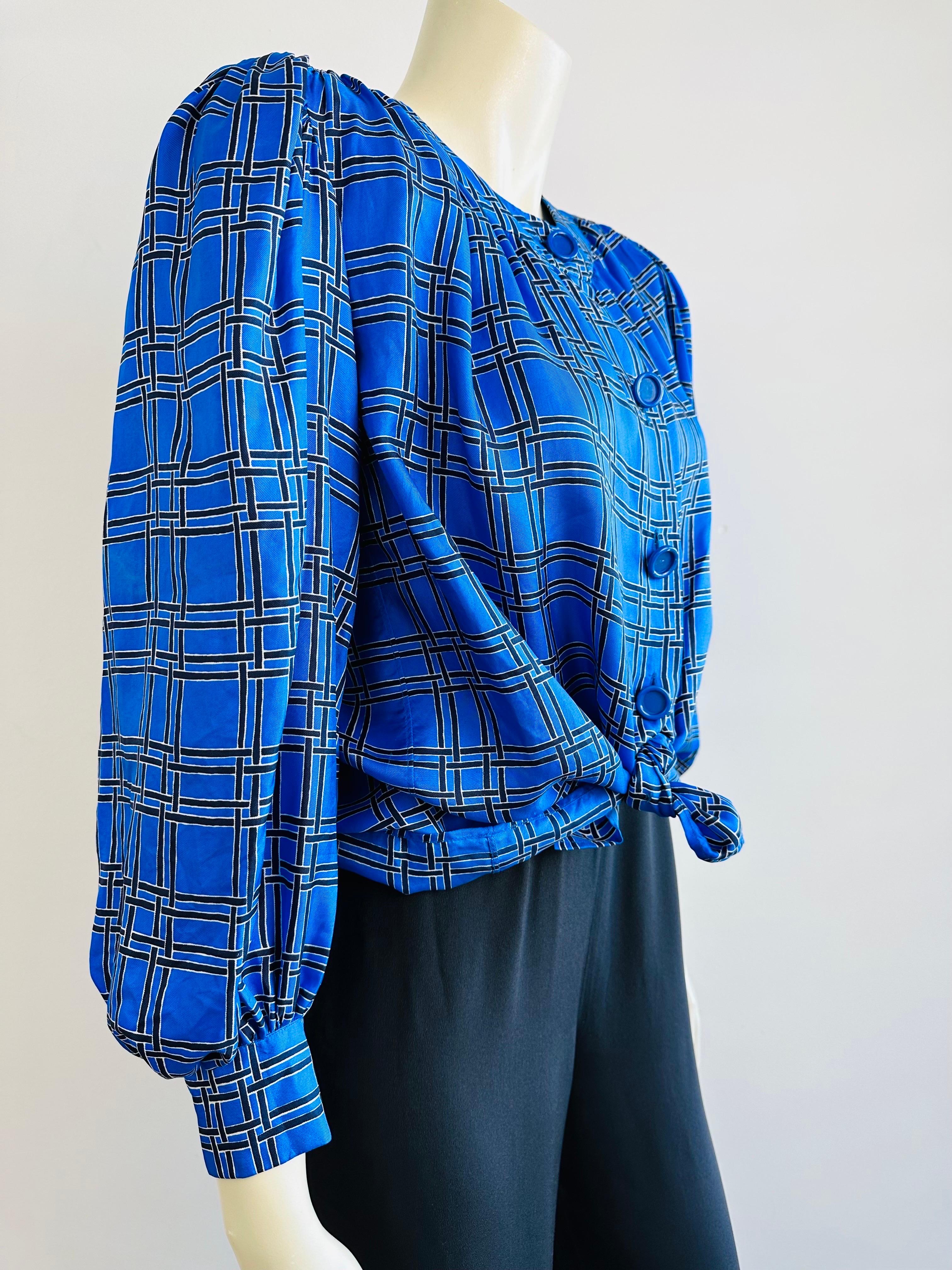 Women's YSL Yves saint Laurent royal blue silk blouse from the 1970s For Sale