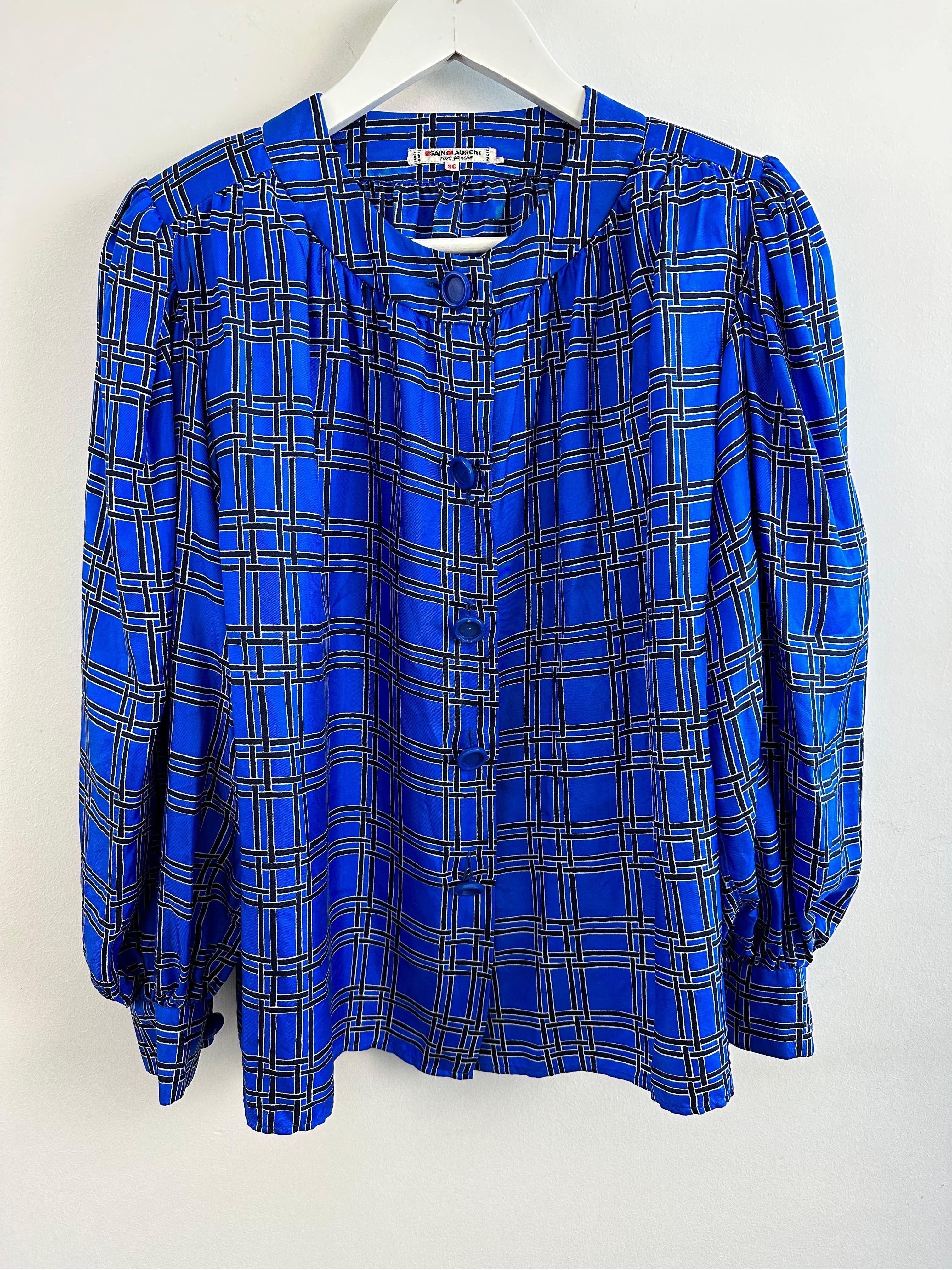 YSL Yves saint Laurent royal blue silk blouse from the 1970s For Sale 4