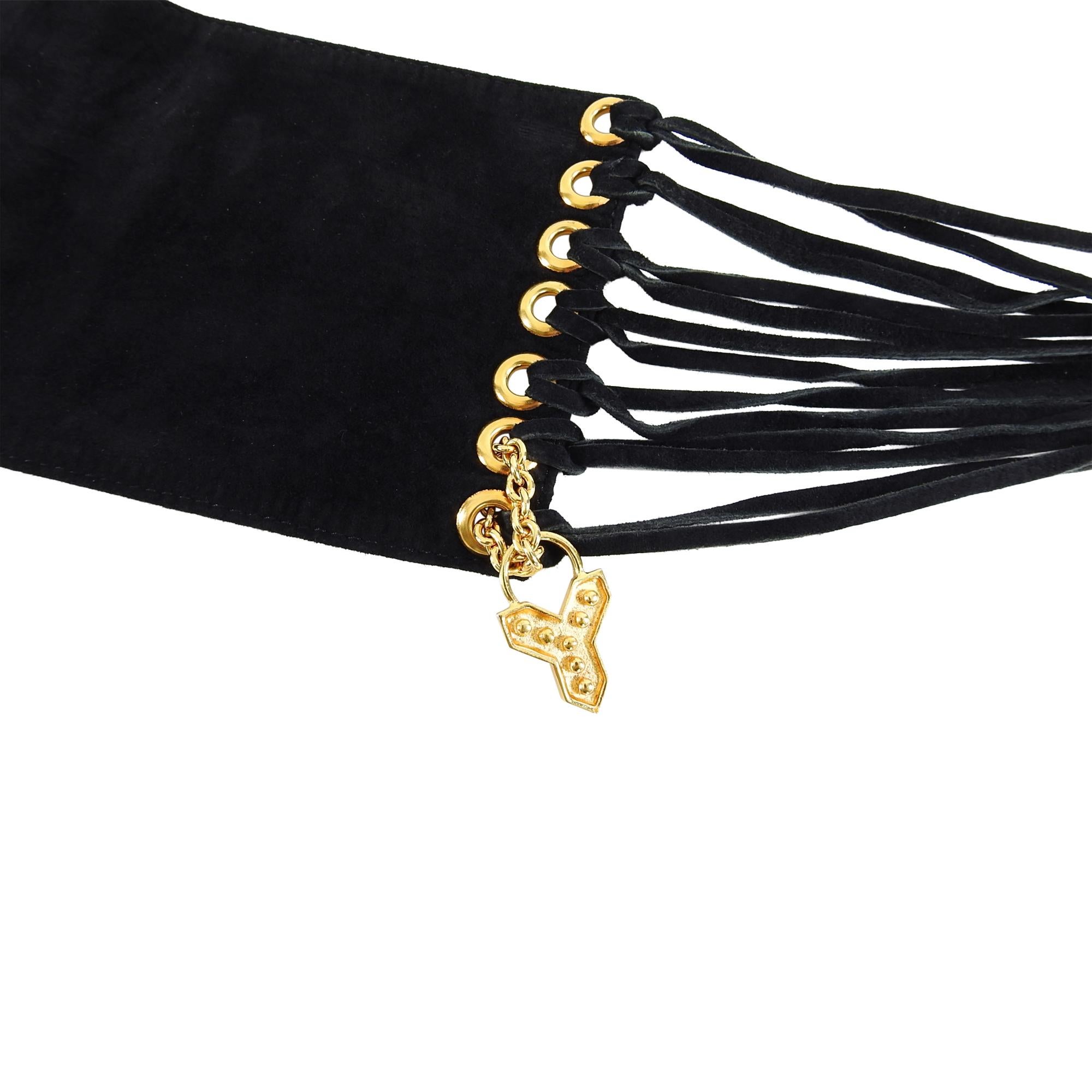 Women's or Men's YSL Yves Saint Laurent Vintage Black Suede Fringe Belt Scarf For Sale