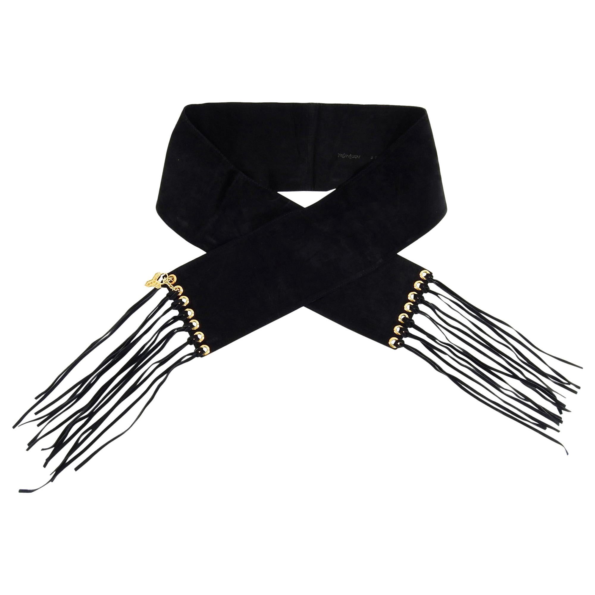YSL Yves Saint Laurent Vintage Black Suede Fringe Belt Scarf For Sale