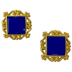 YSL YVES SAINT LAURENT Vintage Clip-on Earrings in Gilt Metal and Blue Resin