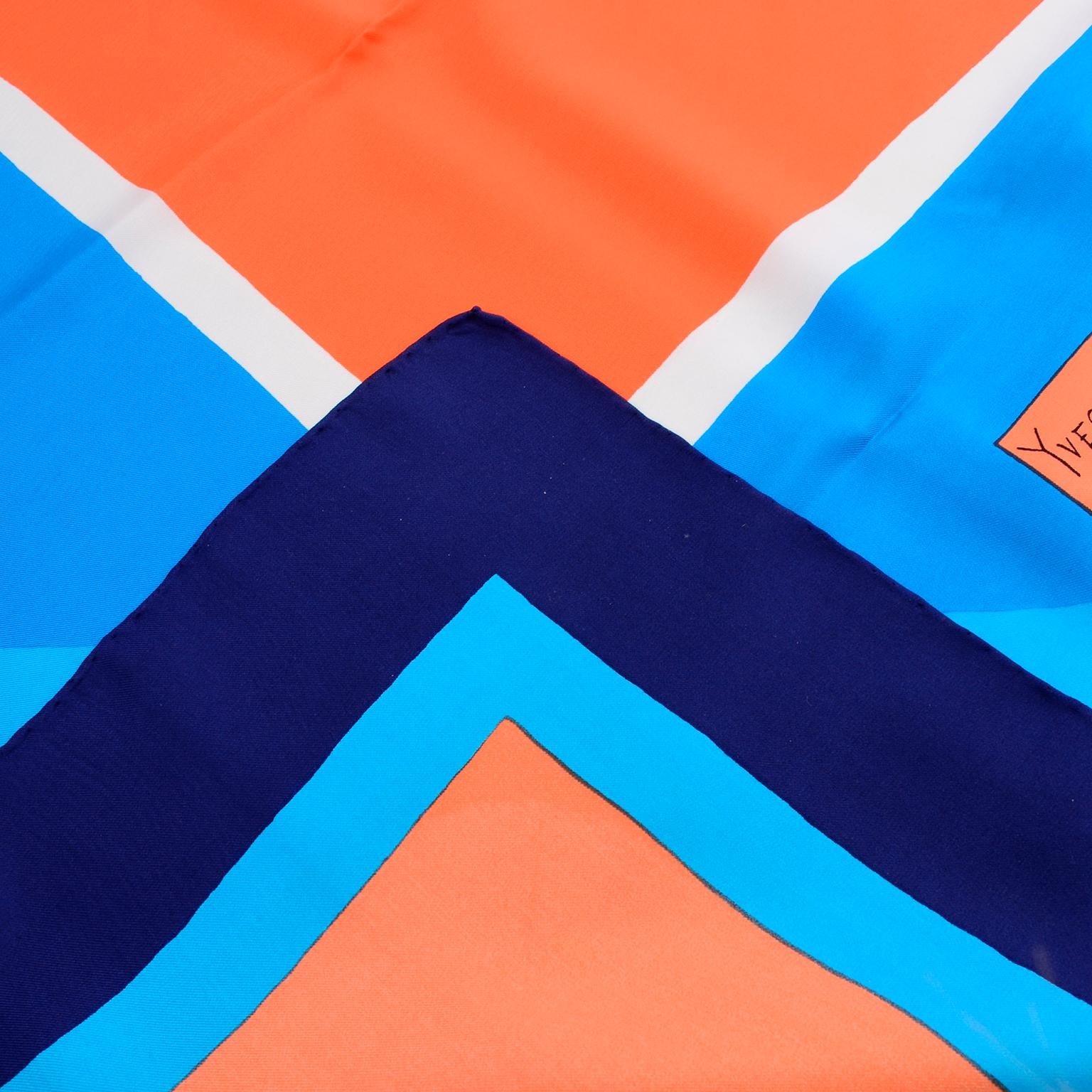 YSL Yves Saint Laurent Vintage Silk Scarf in Bold Colorful Blue & Orange Print In Excellent Condition In Portland, OR
