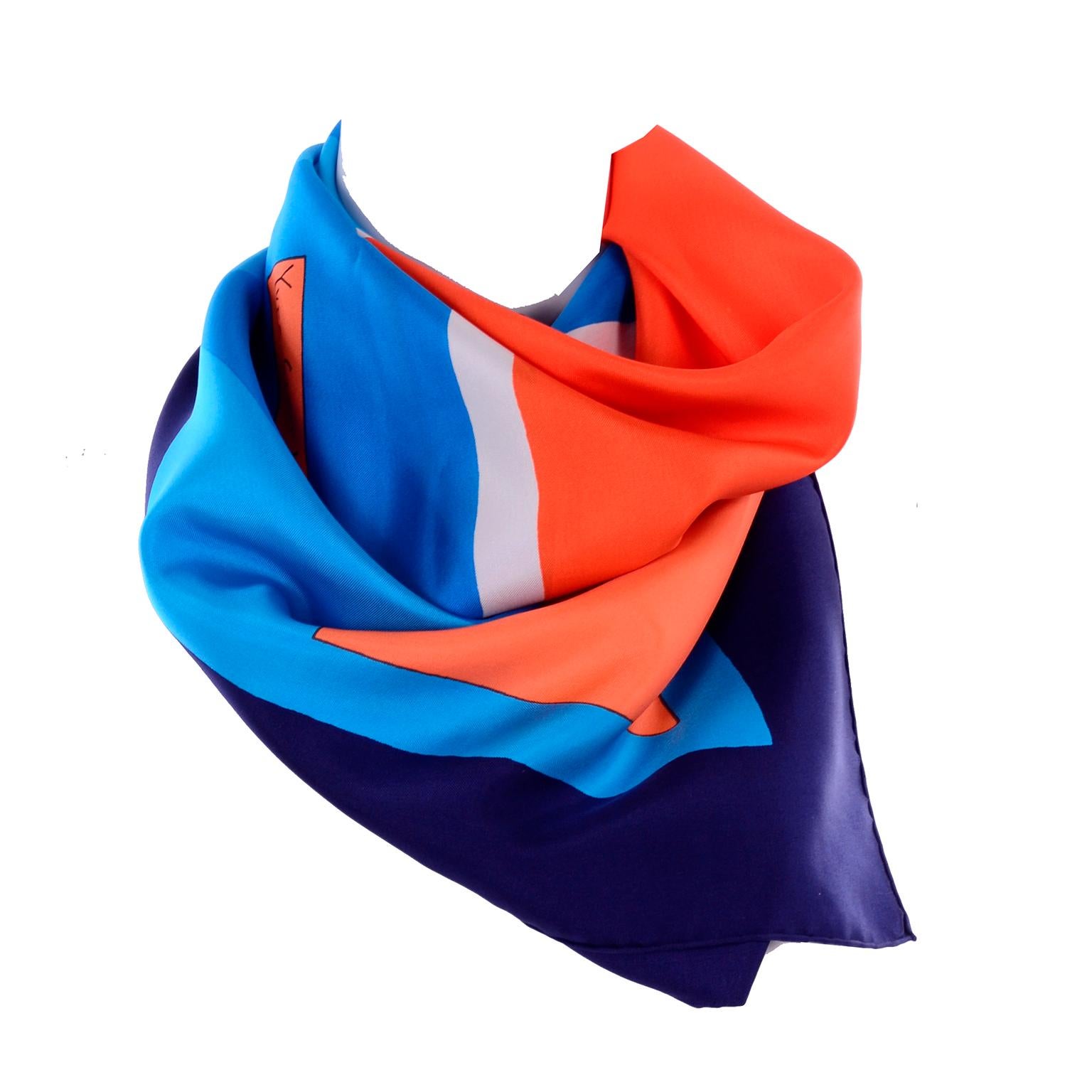 Women's or Men's YSL Yves Saint Laurent Vintage Silk Scarf in Bold Colorful Blue & Orange Print