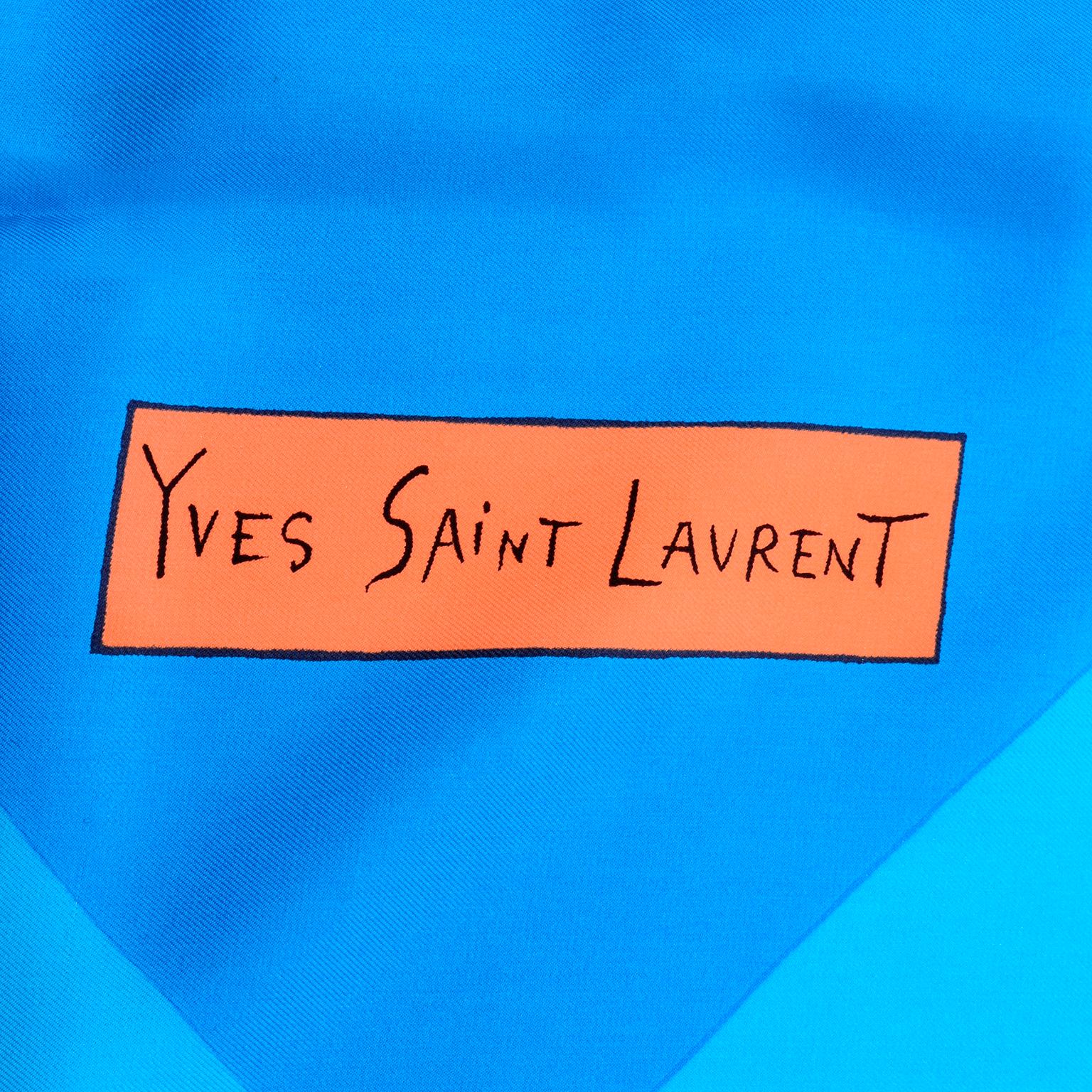 YSL Yves Saint Laurent Vintage Silk Scarf in Bold Colorful Blue & Orange Print 2