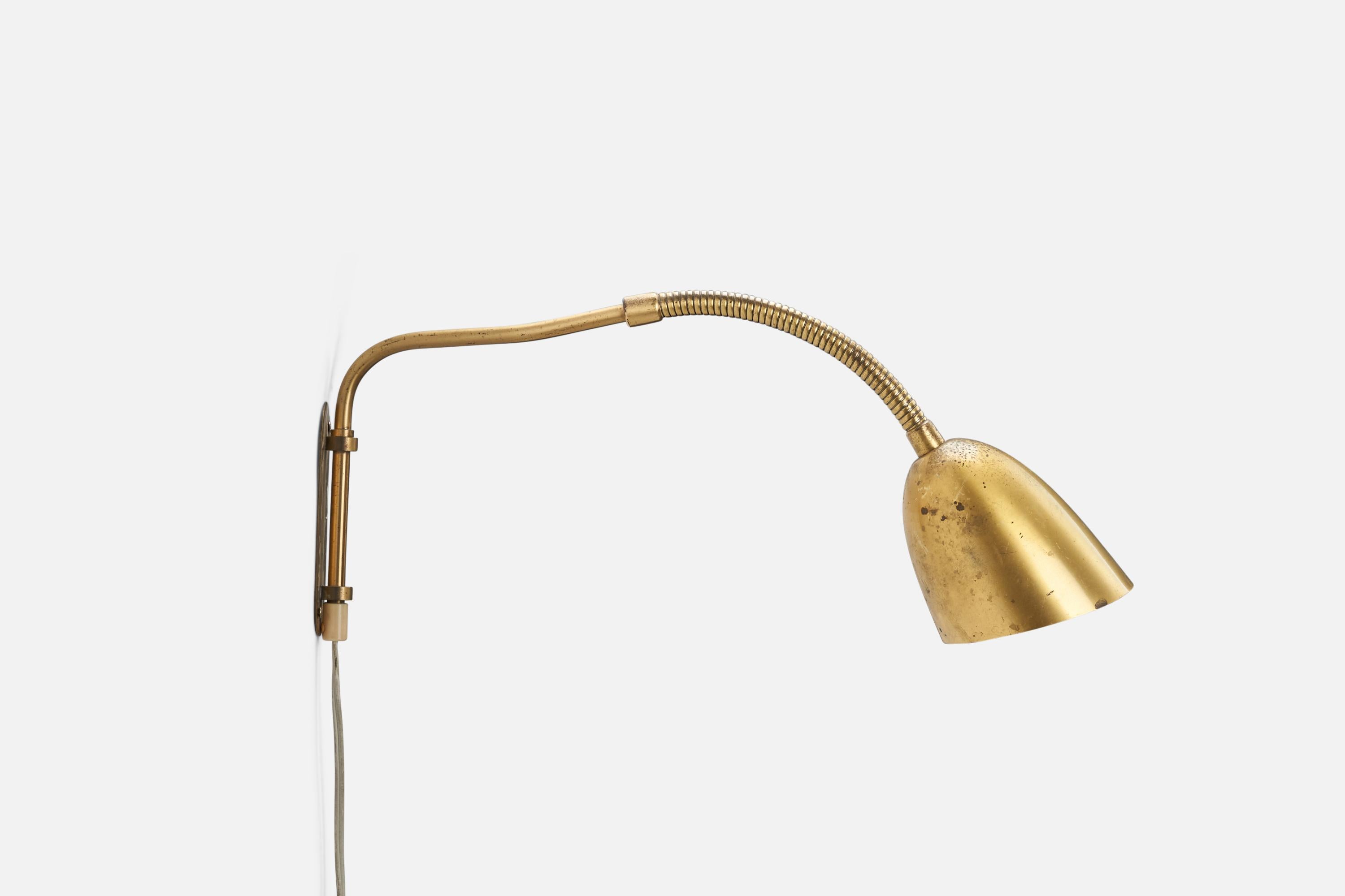 Mid-Century Modern Ystad Metall, Adjustable Wall Light, Brass, Sweden, 1940s For Sale