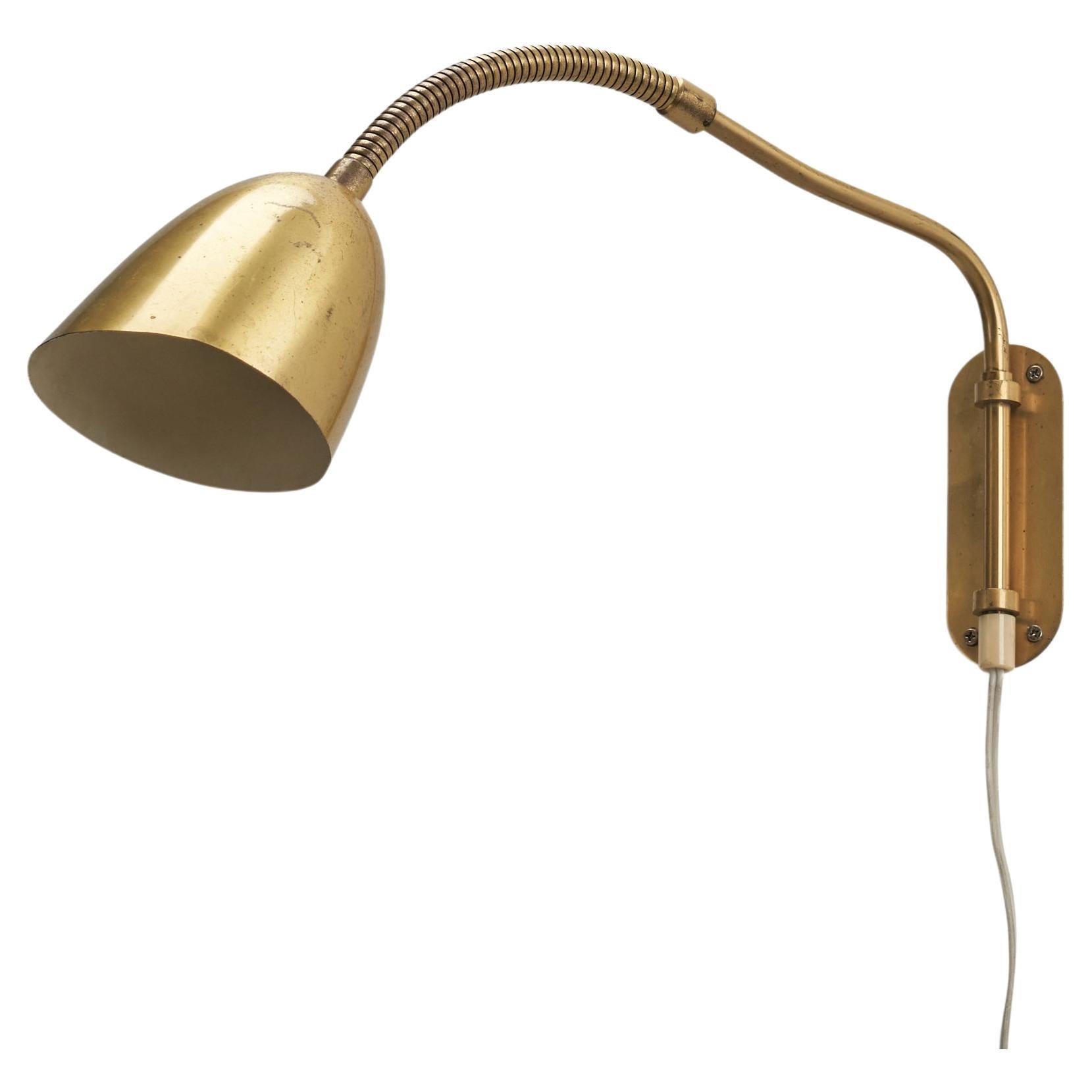 Ystad Metall, Adjustable Wall Light, Brass, Sweden, 1940s For Sale