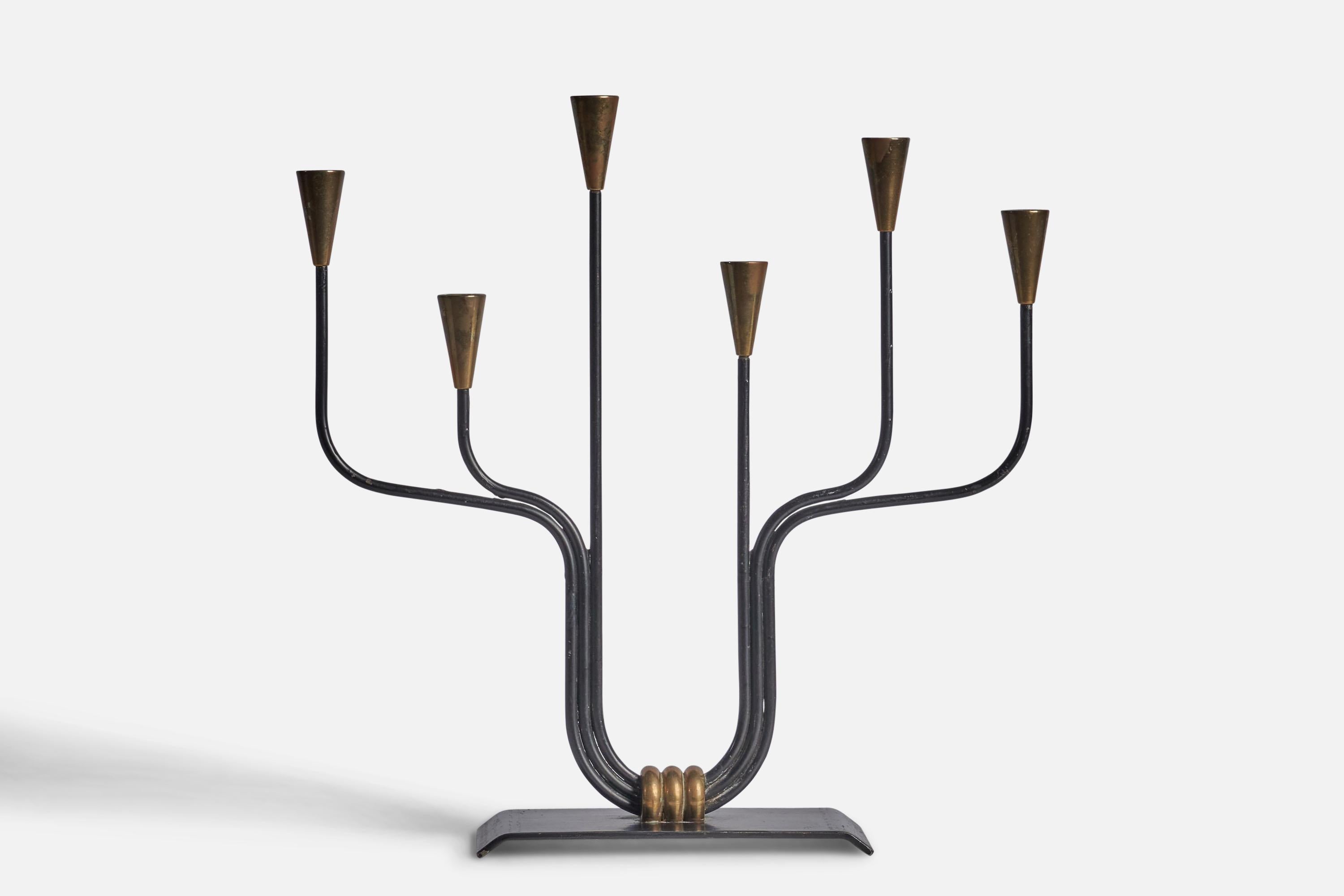 A brass and black-painted metal candelabra designed and produced by Ystad-Metall, Sweden, 1940s.

fits 0.7” diameter candles