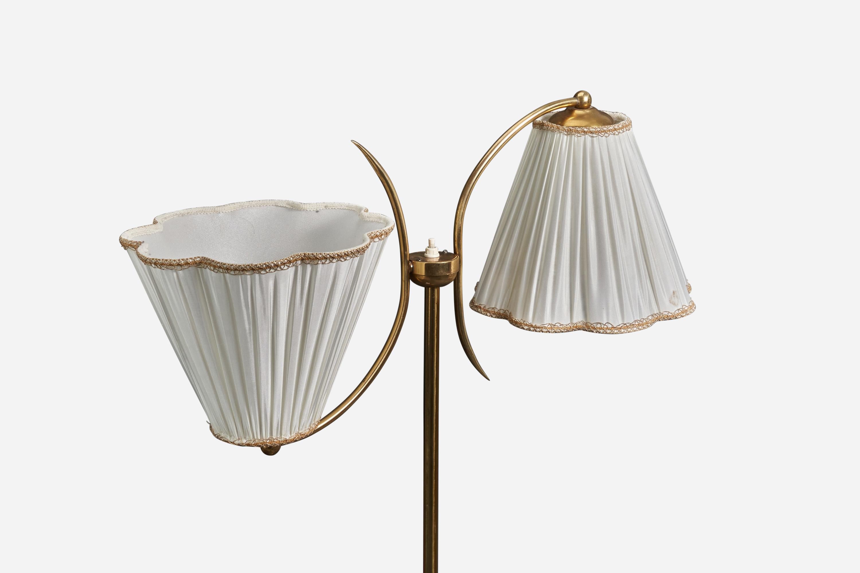 Scandinavian Modern Ystad Metall, Floor Lamp, Brass, Fabric, Sweden, 1940s For Sale