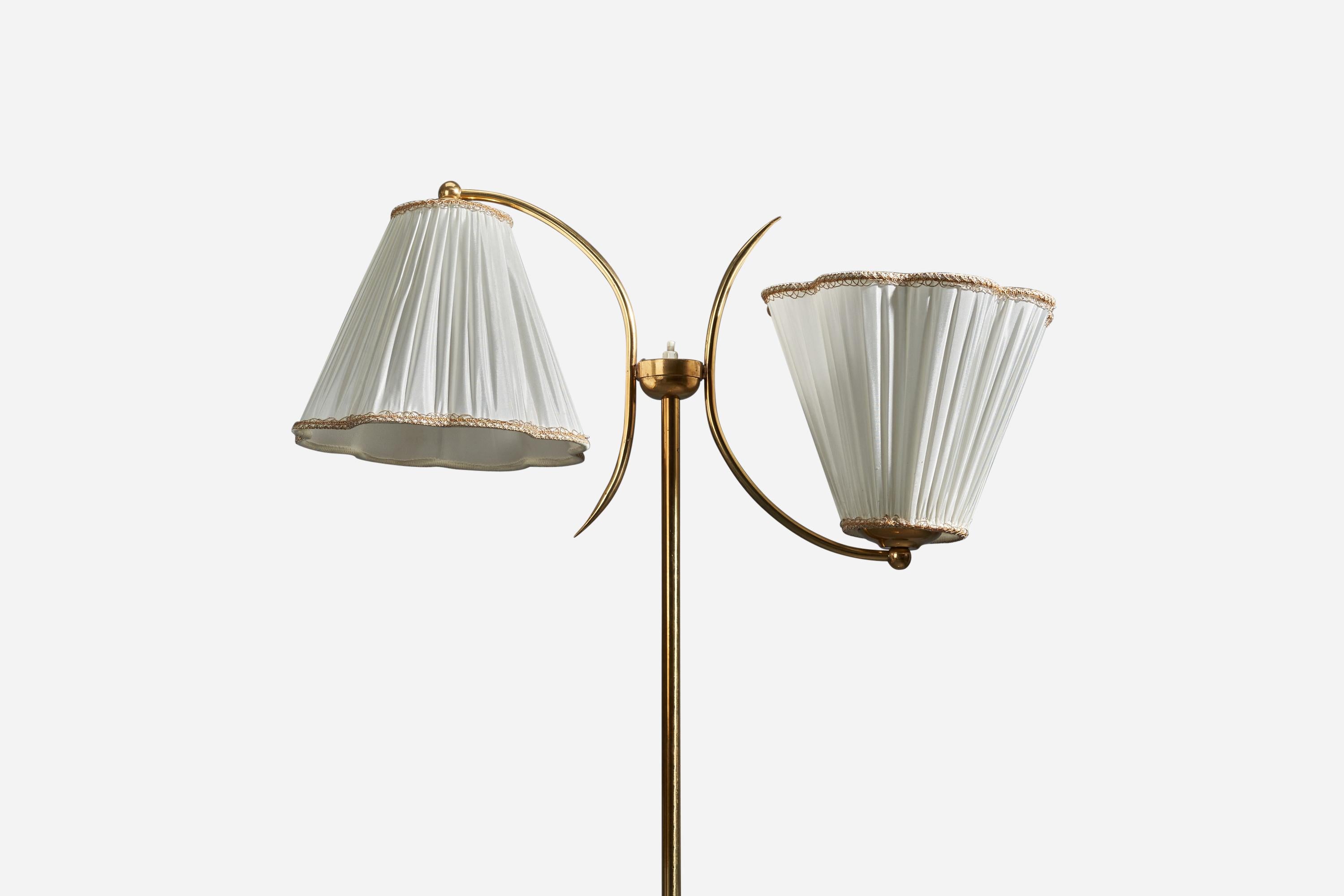 Swedish Ystad Metall, Floor Lamp, Brass, Fabric, Sweden, 1940s For Sale