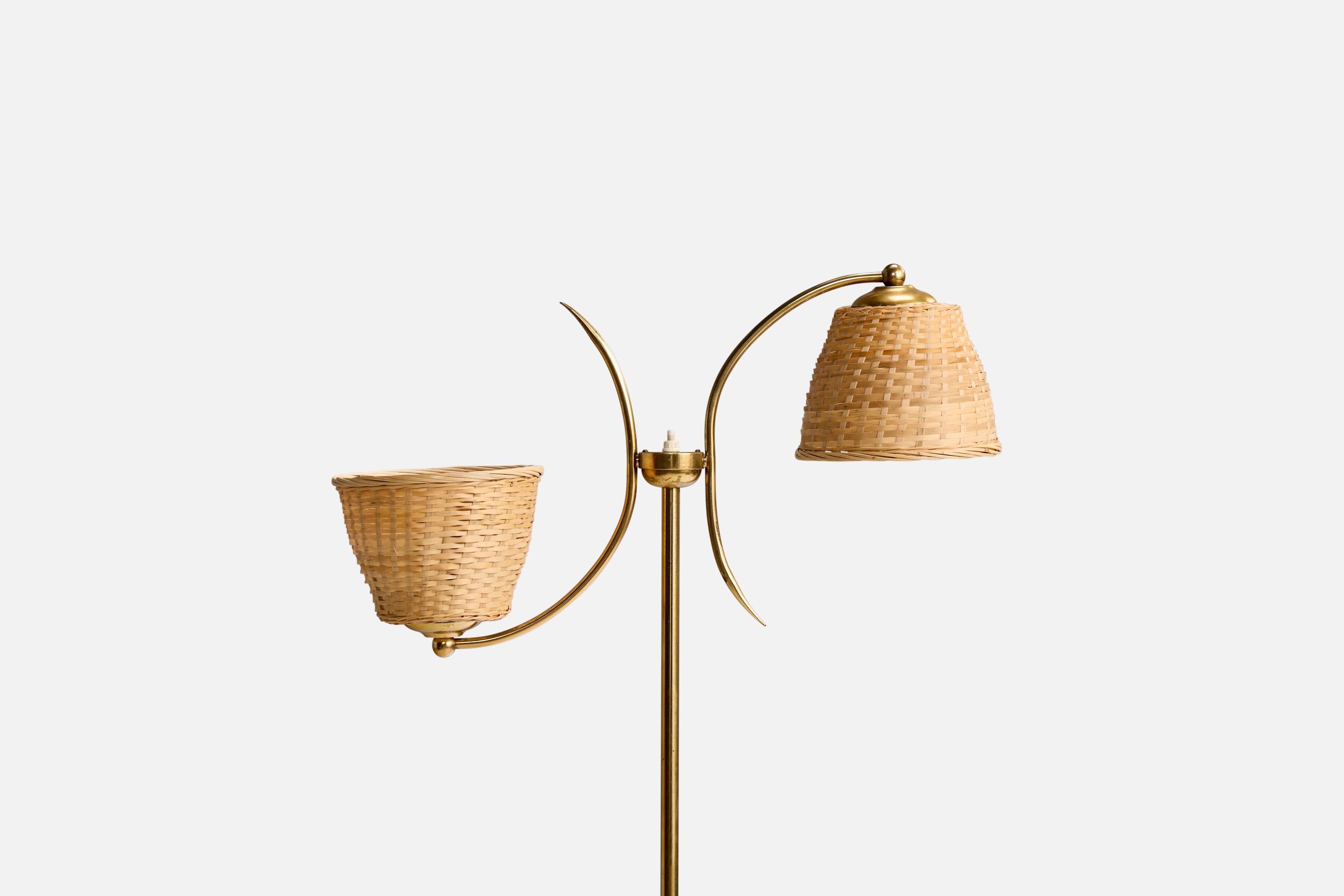 Mid-Century Modern Ystad Metall, Floor Lamp, Brass, Rattan, Sweden, 1950s For Sale